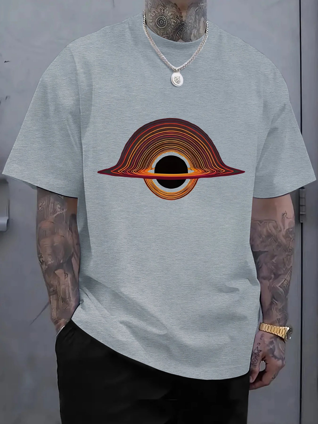 2025 Men'S New Casual Pure Cotton T-shirt, Black Hole for galaxy Design with Colorful Rings, Trendy Graphic Tee for Daily Wear, Men'S summer outdoor clothing.