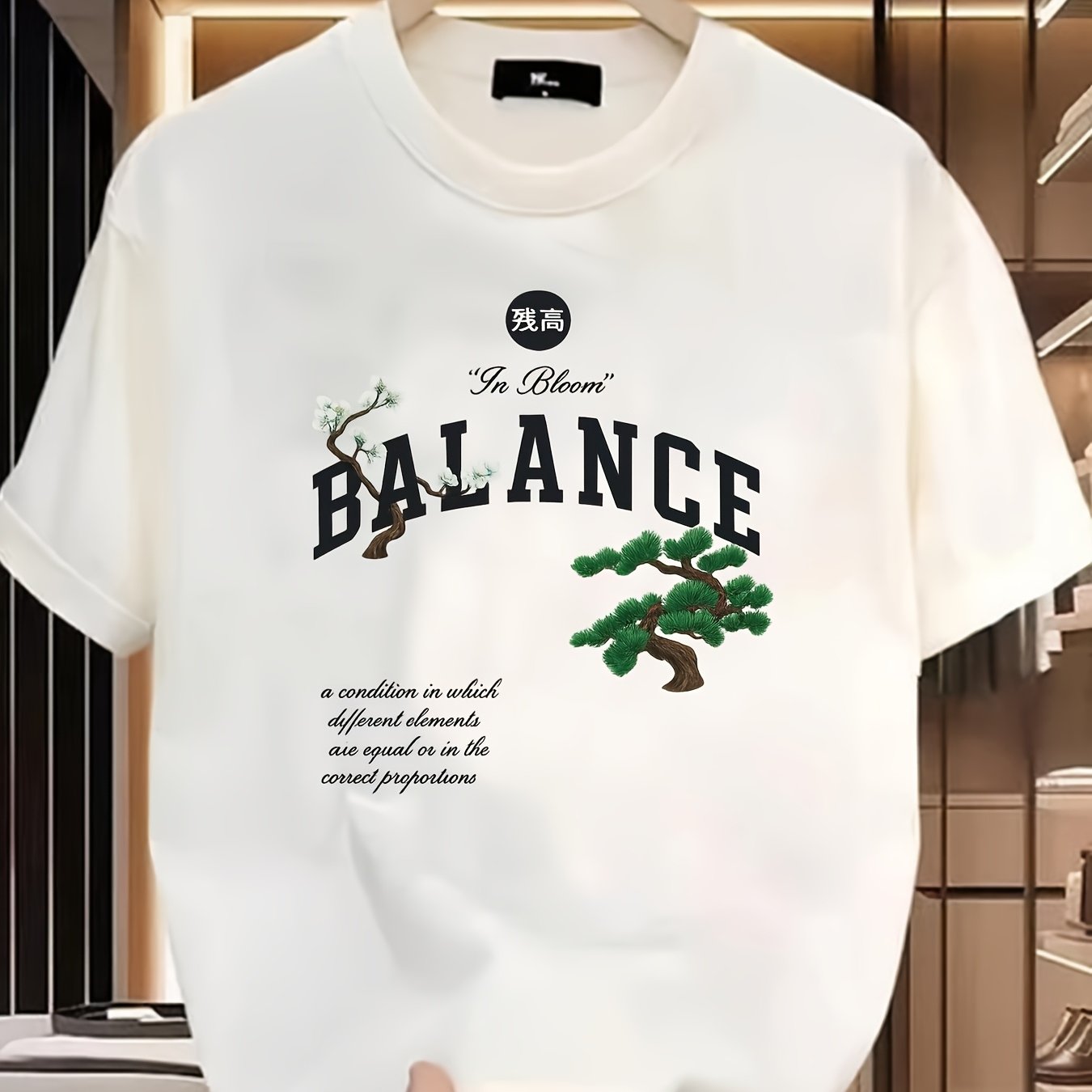 Men's Cotton Short-Sleeve T-Shirt with Balance Graphic Print & Bilingual Letter Design - Breathable Loose Fit Casual Summer Tee for Outdoor Activities, Everyday Comfort, Comfortable Wear