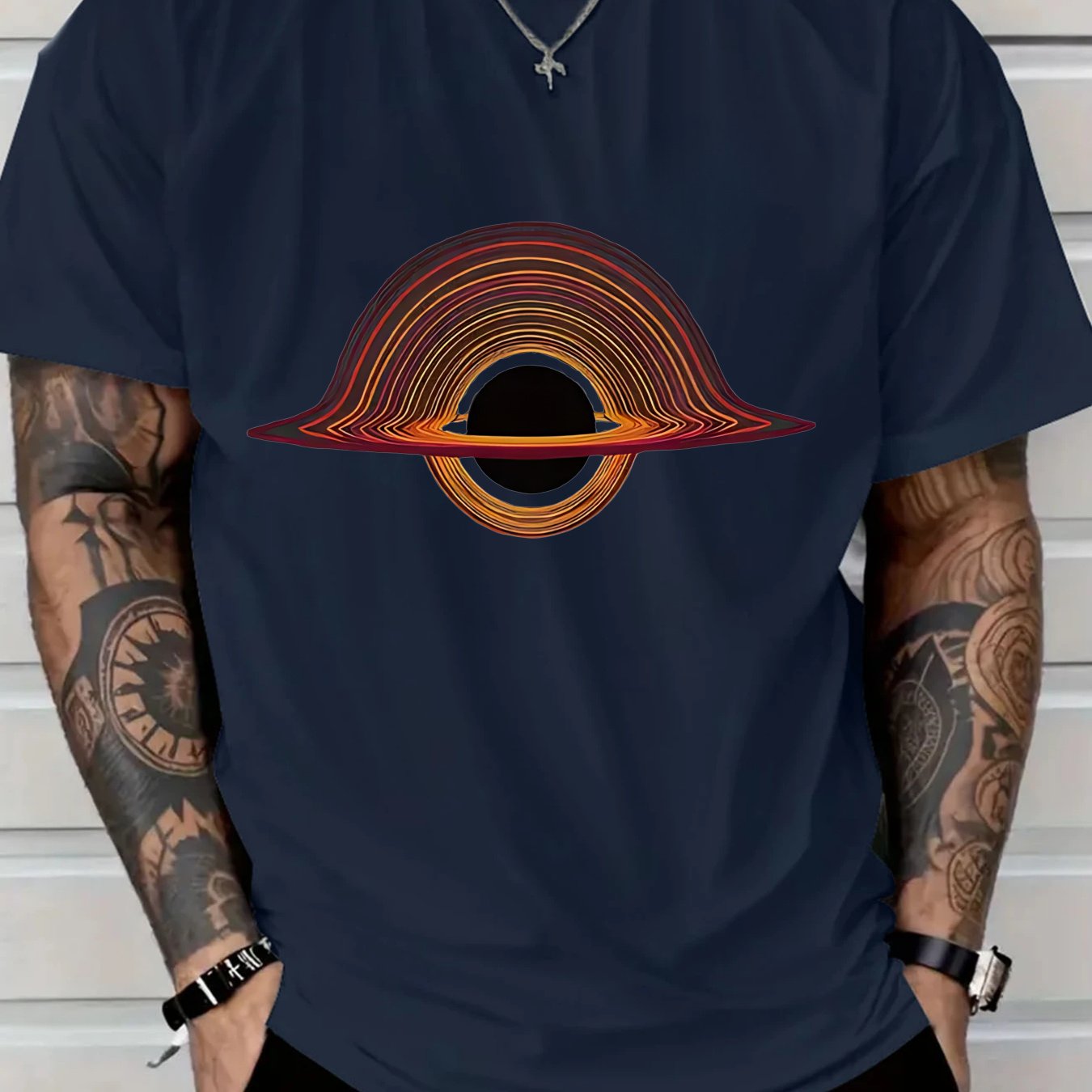 2025 Men'S New Casual Pure Cotton T-shirt, Black Hole for galaxy Design with Colorful Rings, Trendy Graphic Tee for Daily Wear, Men'S summer outdoor clothing.