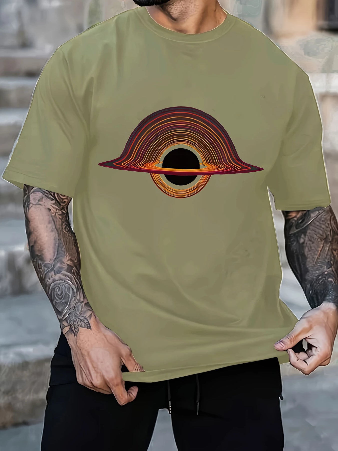 2025 Men'S New Casual Pure Cotton T-shirt, Black Hole for galaxy Design with Colorful Rings, Trendy Graphic Tee for Daily Wear, Men'S summer outdoor clothing.