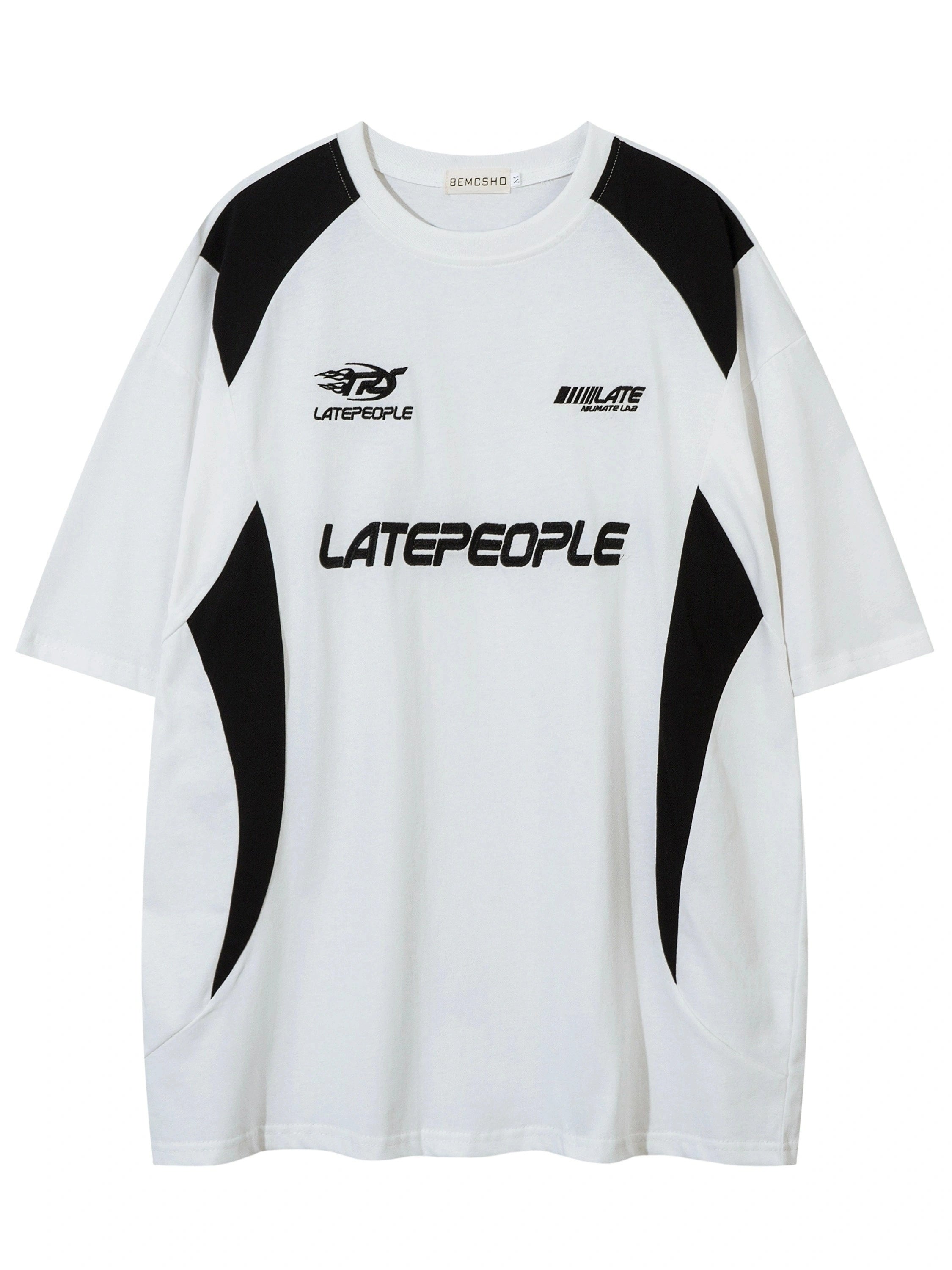 BEMCSHO Men's Vintage Cotton T-Shirt - Crew Neck, Loose Fit, Geometric Pattern, Embroidered Letters, Casual Weekend Top with Slight Stretch and Knit Fabric - Summer Collection