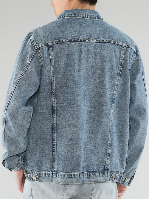 1pc Men'S Denim Jacket - Minimalist Solid Color, Casual Long Sleeve, Regular Fit, Single Breasted with Pockets, Woven Fabric, Cotton 85%, Polyester 15% - High-End Trendy Light Blue Top for Spring\u002FFall