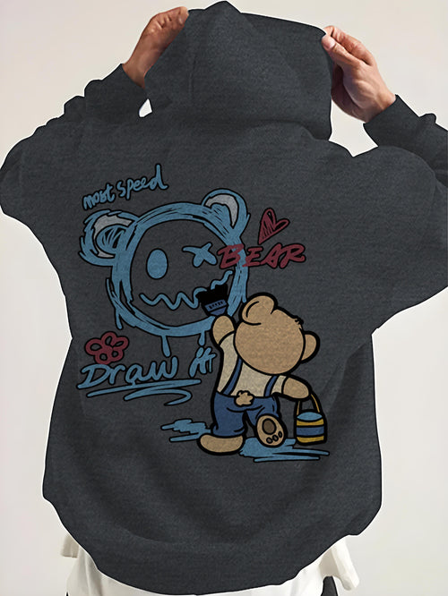 1pc Men'S Casual Cotton Blend Hoodie with Teddy Bear Print - Fall\u002FWinter Collection, Animal Pattern, Knit Fabric, Slight Stretch, Regular Fit, Long Sleeve, Round Neck Sweatshirt
