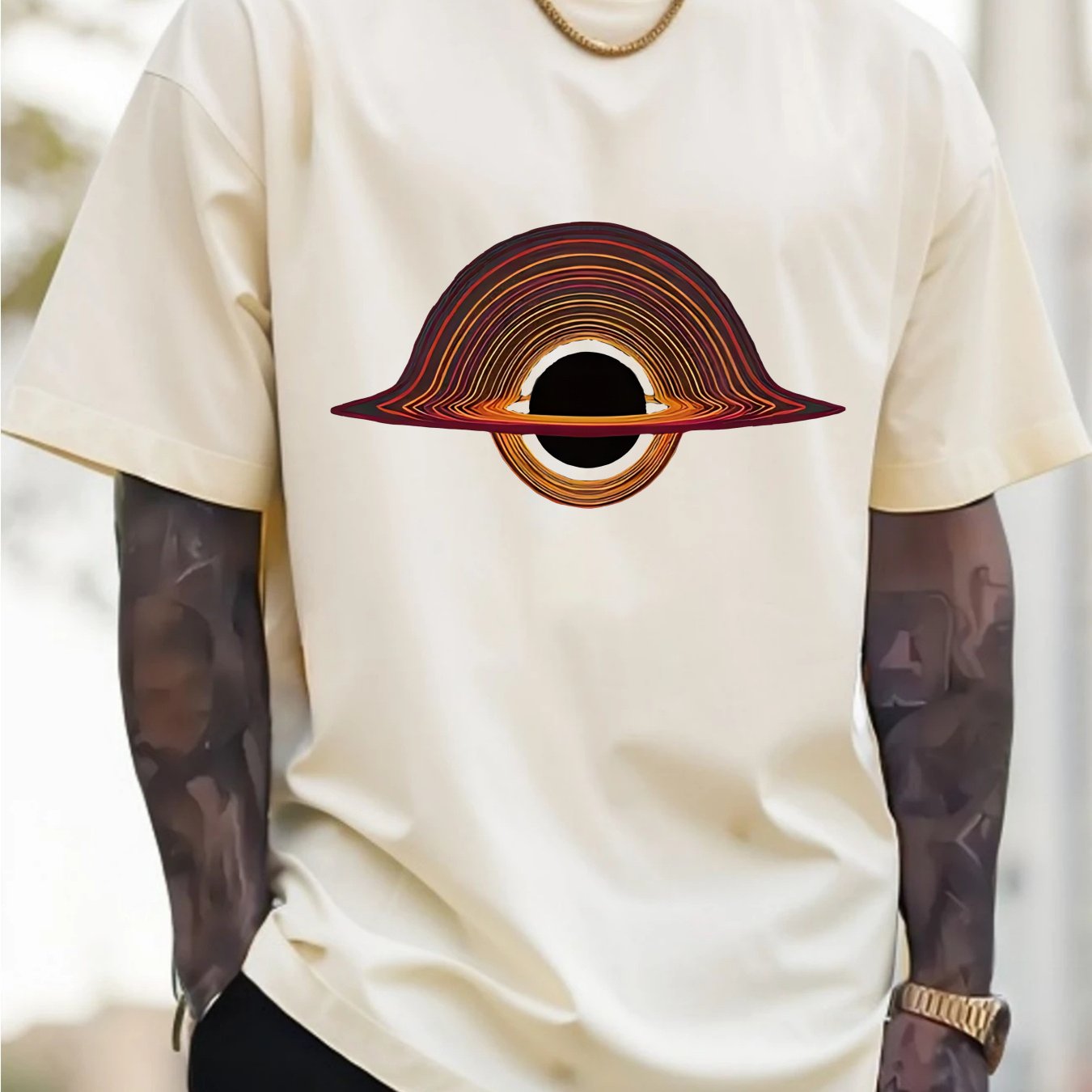 2025 Men'S New Casual Pure Cotton T-shirt, Black Hole for galaxy Design with Colorful Rings, Trendy Graphic Tee for Daily Wear, Men'S summer outdoor clothing.