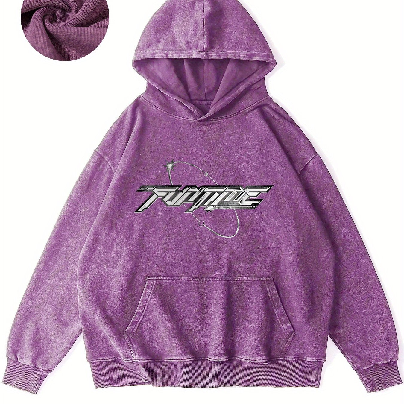 Futuristic Text Design With Space Elements And Stars Vintage Graphic Hoodie - Retro Western Style Sweatshirt with Unique Distressed Design for Casual Comfort and Timeless Fashion Appeal