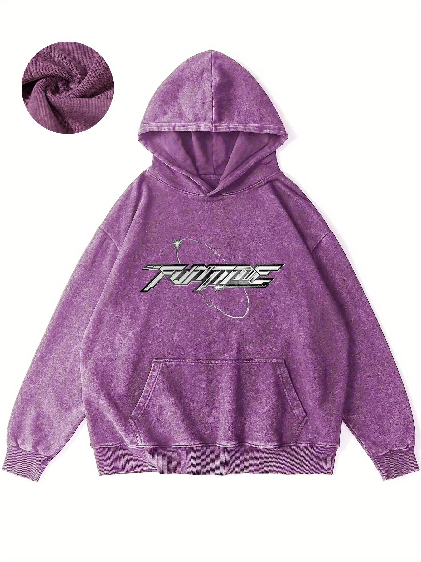 Futuristic Text Design With Space Elements And Stars Vintage Graphic Hoodie - Retro Western Style Sweatshirt with Unique Distressed Design for Casual Comfort and Timeless Fashion Appeal