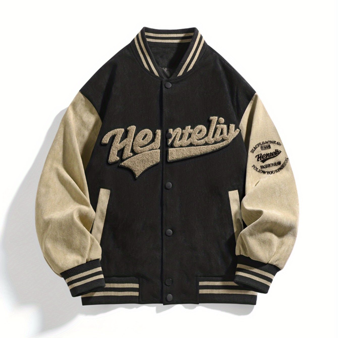 Men'S Green & Beige Letter Embroidered Baseball Jacket - Casual Spring\u002FFall Bomber with Stand Collar, Snap Closure, and Pockets, Spring Outerwear | Sporty Bomber Jacket | Polyester Lining