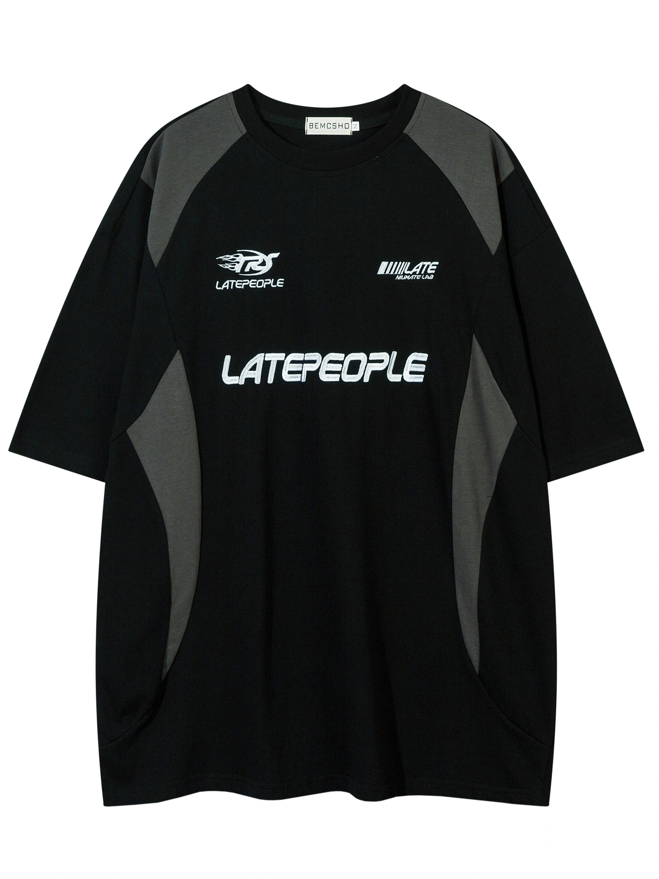 BEMCSHO Men's Vintage Cotton T-Shirt - Crew Neck, Loose Fit, Geometric Pattern, Embroidered Letters, Casual Weekend Top with Slight Stretch and Knit Fabric - Summer Collection