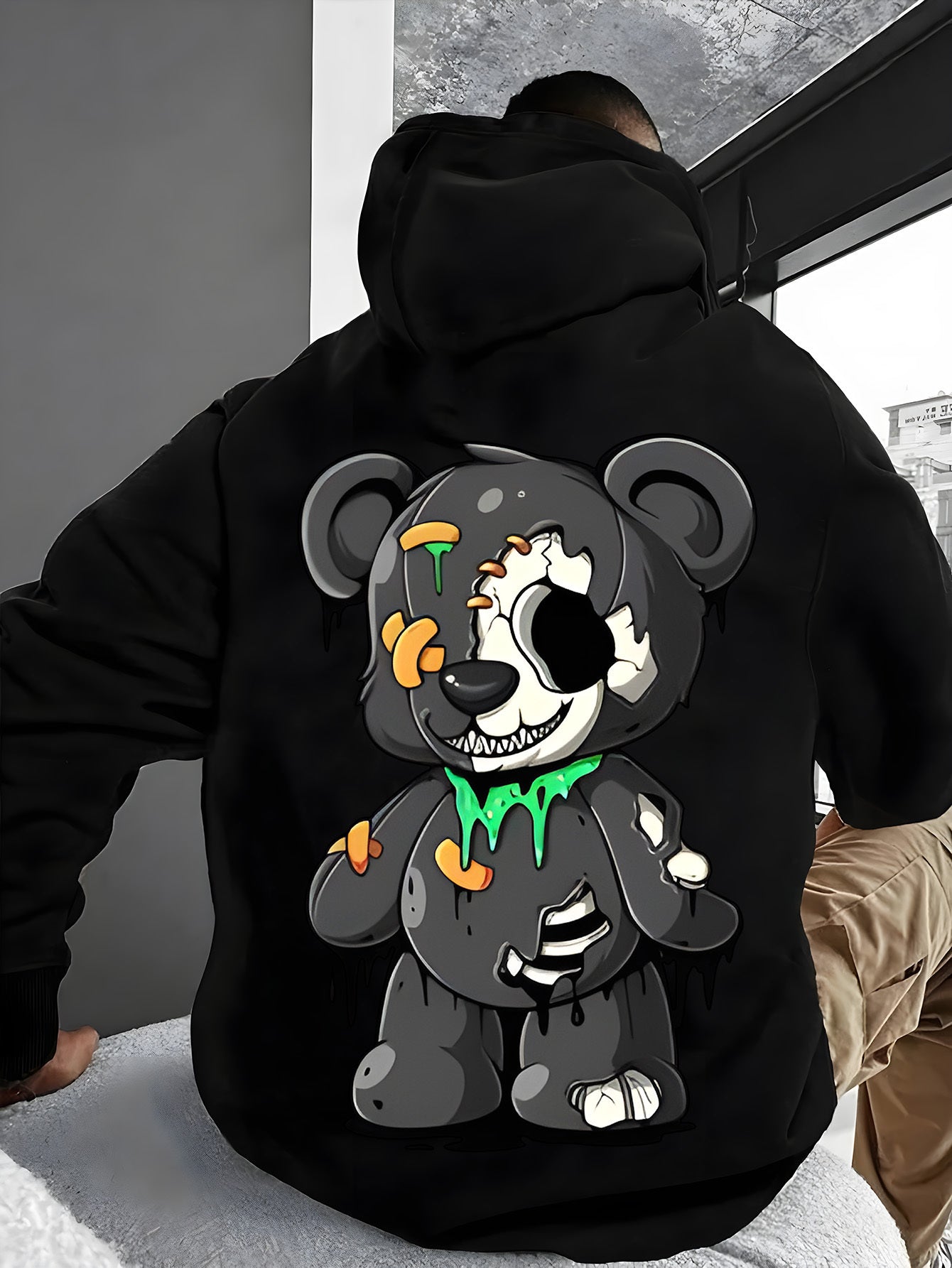 Men's Casual Cotton Blend Hoodie with Cartoon Teddy Bear Print, Knit Fabric, Regular Fit, Fall\u002FWinter Collection, Soft and Comfortable with Pocket Detail, Oversized Hoodie