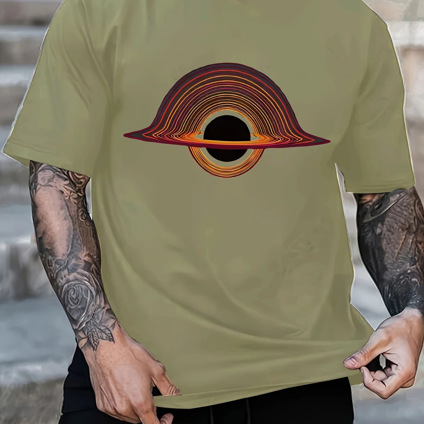 2025 Men'S New Casual Pure Cotton T-shirt, Black Hole for galaxy Design with Colorful Rings, Trendy Graphic Tee for Daily Wear, Men'S summer outdoor clothing.