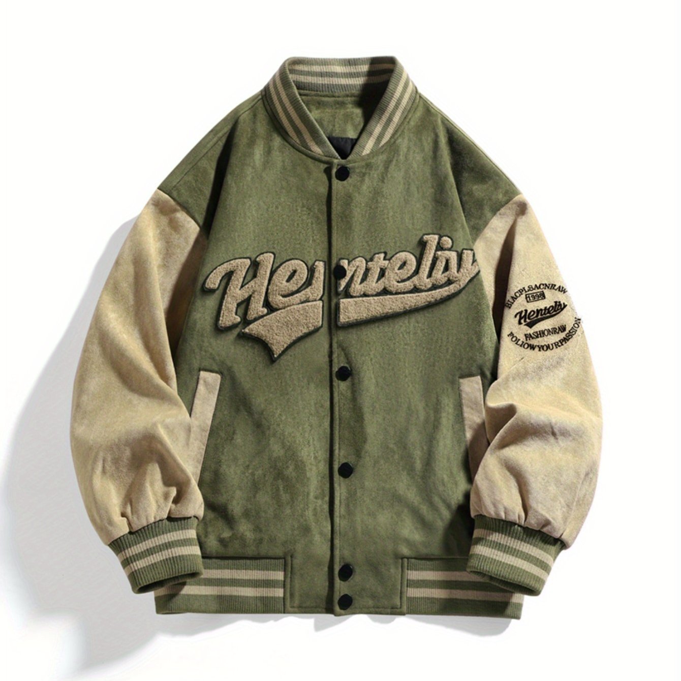 Men'S Green & Beige Letter Embroidered Baseball Jacket - Casual Spring\u002FFall Bomber with Stand Collar, Snap Closure, and Pockets, Spring Outerwear | Sporty Bomber Jacket | Polyester Lining