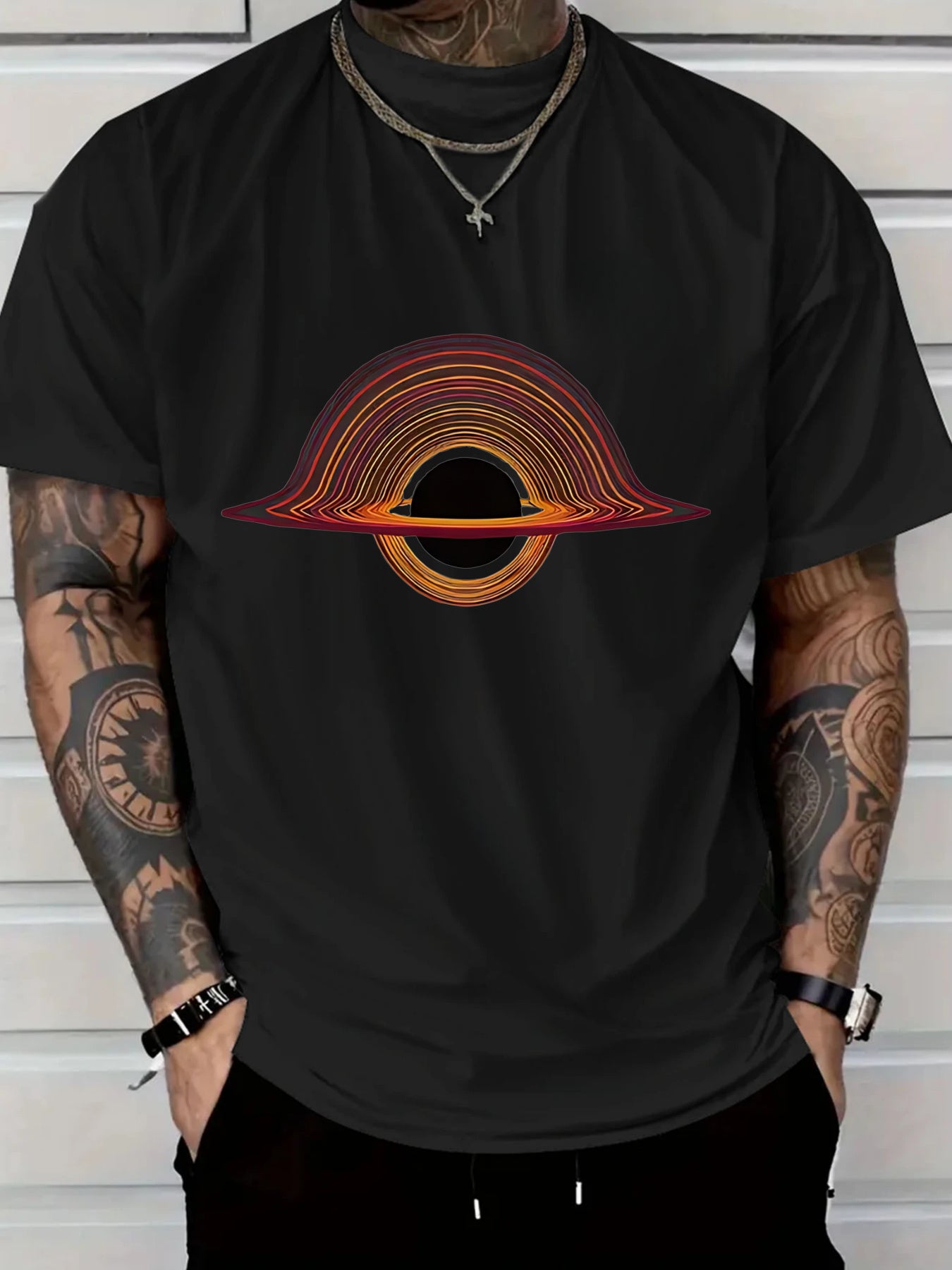 2025 Men'S New Casual Pure Cotton T-shirt, Black Hole for galaxy Design with Colorful Rings, Trendy Graphic Tee for Daily Wear, Men'S summer outdoor clothing.