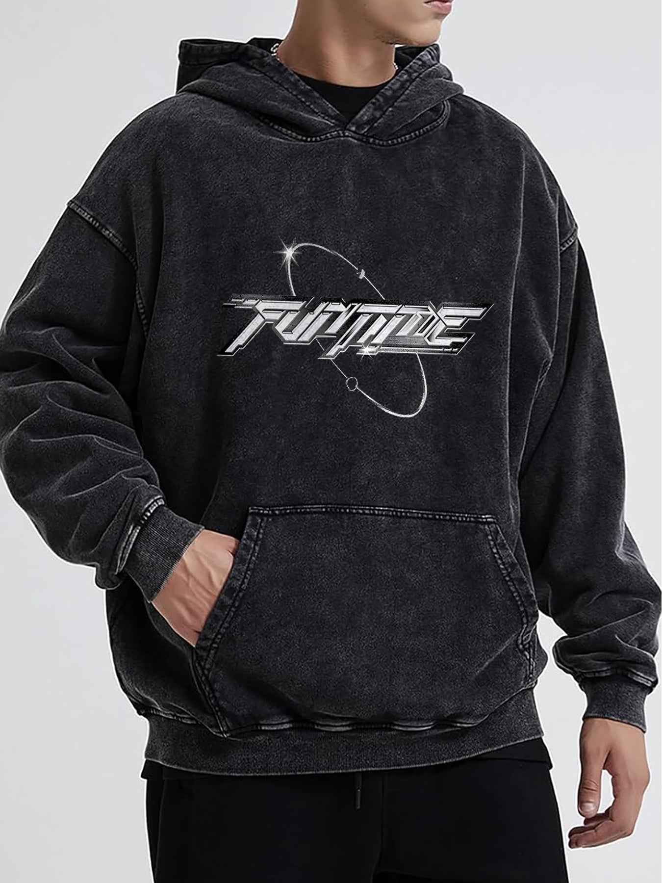Futuristic Text Design With Space Elements And Stars Vintage Graphic Hoodie - Retro Western Style Sweatshirt with Unique Distressed Design for Casual Comfort and Timeless Fashion Appeal