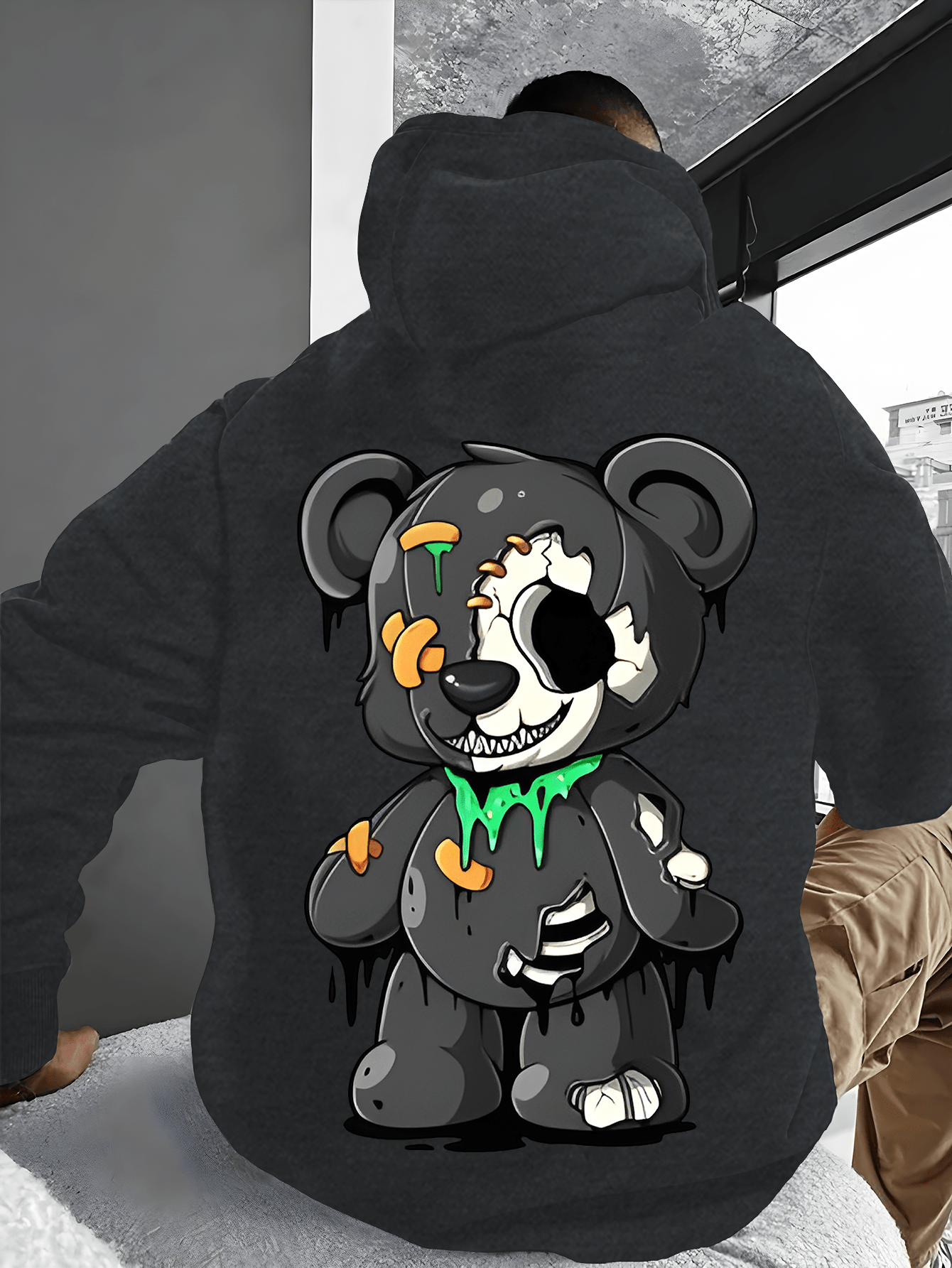 Men's Casual Cotton Blend Hoodie with Cartoon Teddy Bear Print, Knit Fabric, Regular Fit, Fall\u002FWinter Collection, Soft and Comfortable with Pocket Detail, Oversized Hoodie