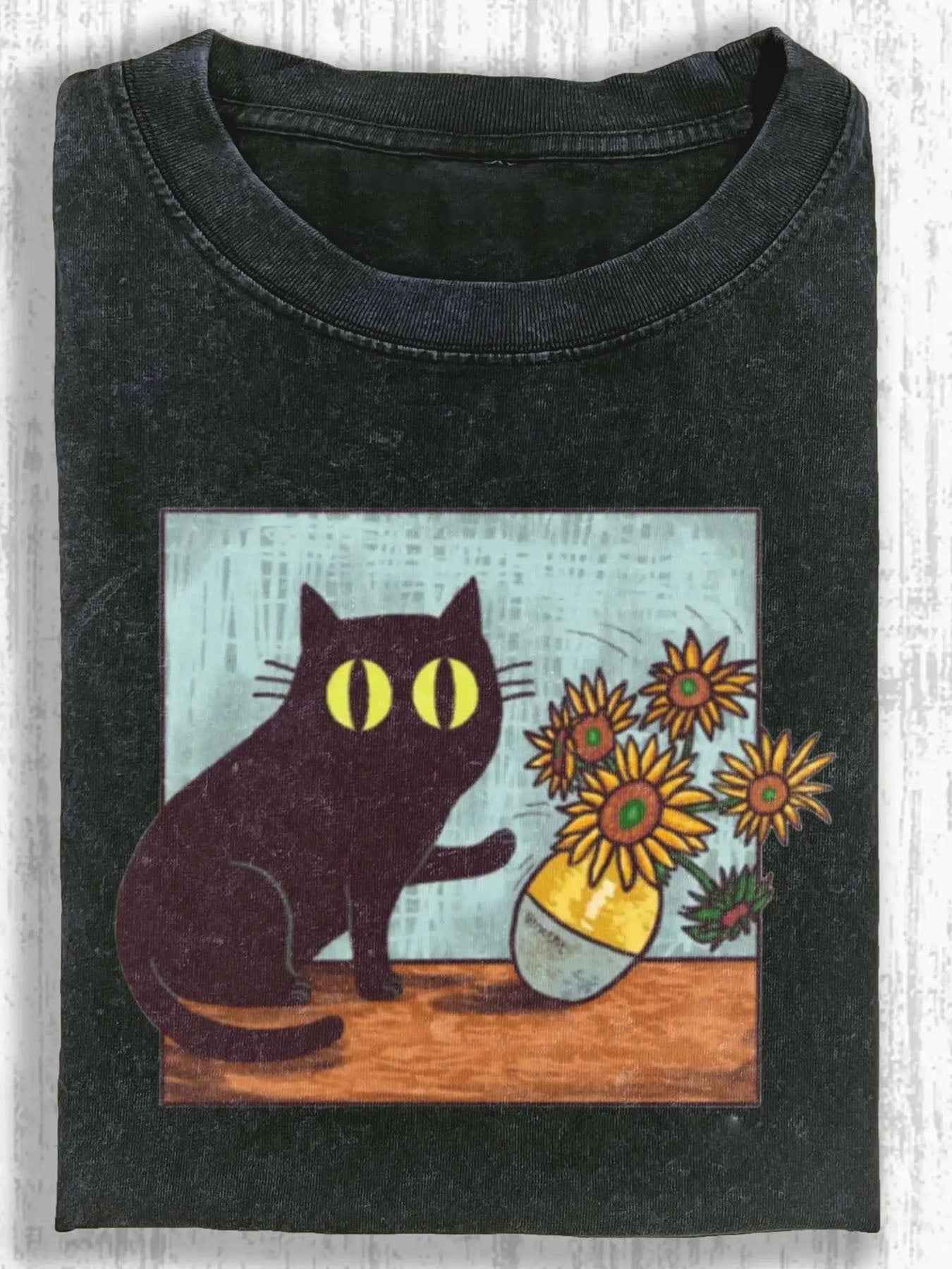 1pc, 230G Washed, Playful Cat Print T-Shirt, High-Quality Wax Printed Cotton Retro Fashion Brand T-Shirt, a Certain Thickness Holiday Gift, Easter Limited Edition, Suitable for Spring And Easter Gifts