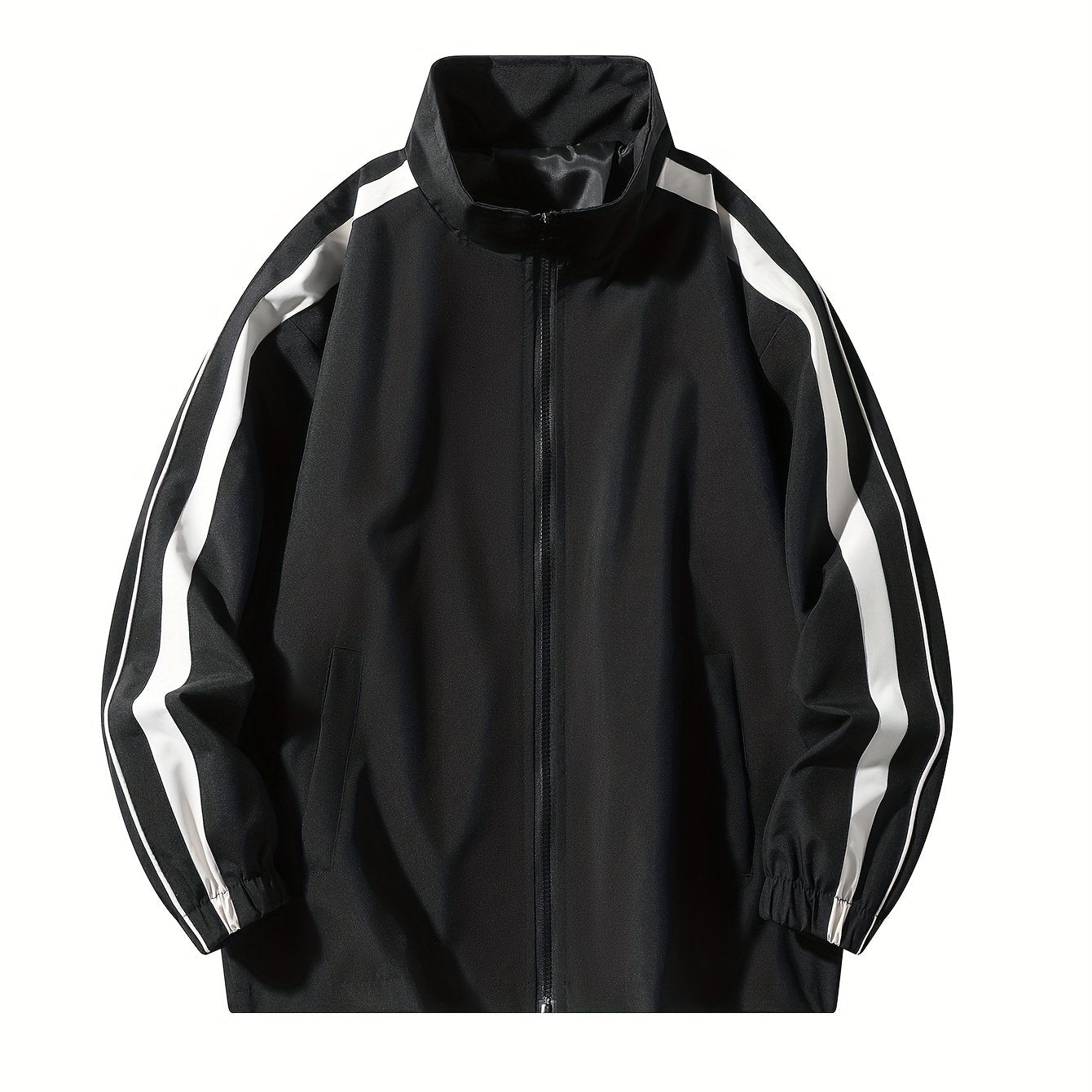 Men'S Casual Striped Varsity Jacket - Loose Fit, Zip-Up, Long Sleeve with Pockets, Black & White Stripes, Polyester Fabric, Perfect for Spring & Fall