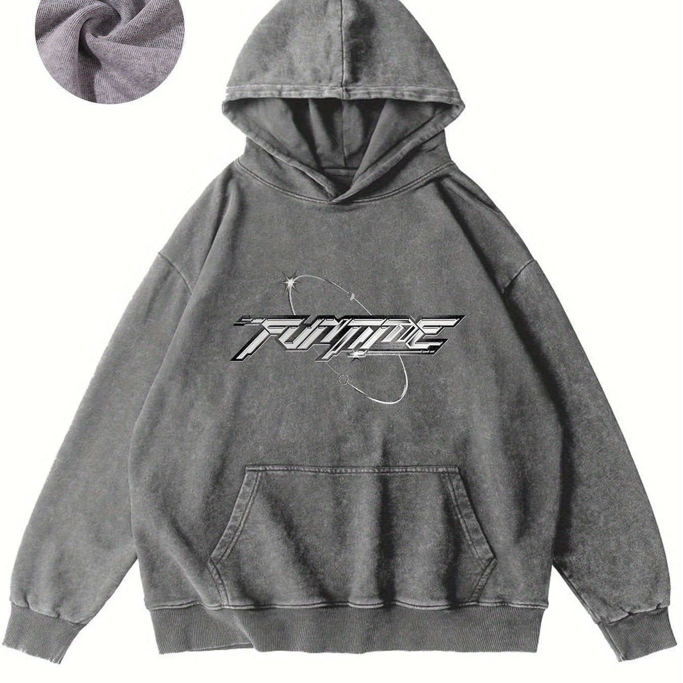 Futuristic Text Design With Space Elements And Stars Vintage Graphic Hoodie - Retro Western Style Sweatshirt with Unique Distressed Design for Casual Comfort and Timeless Fashion Appeal