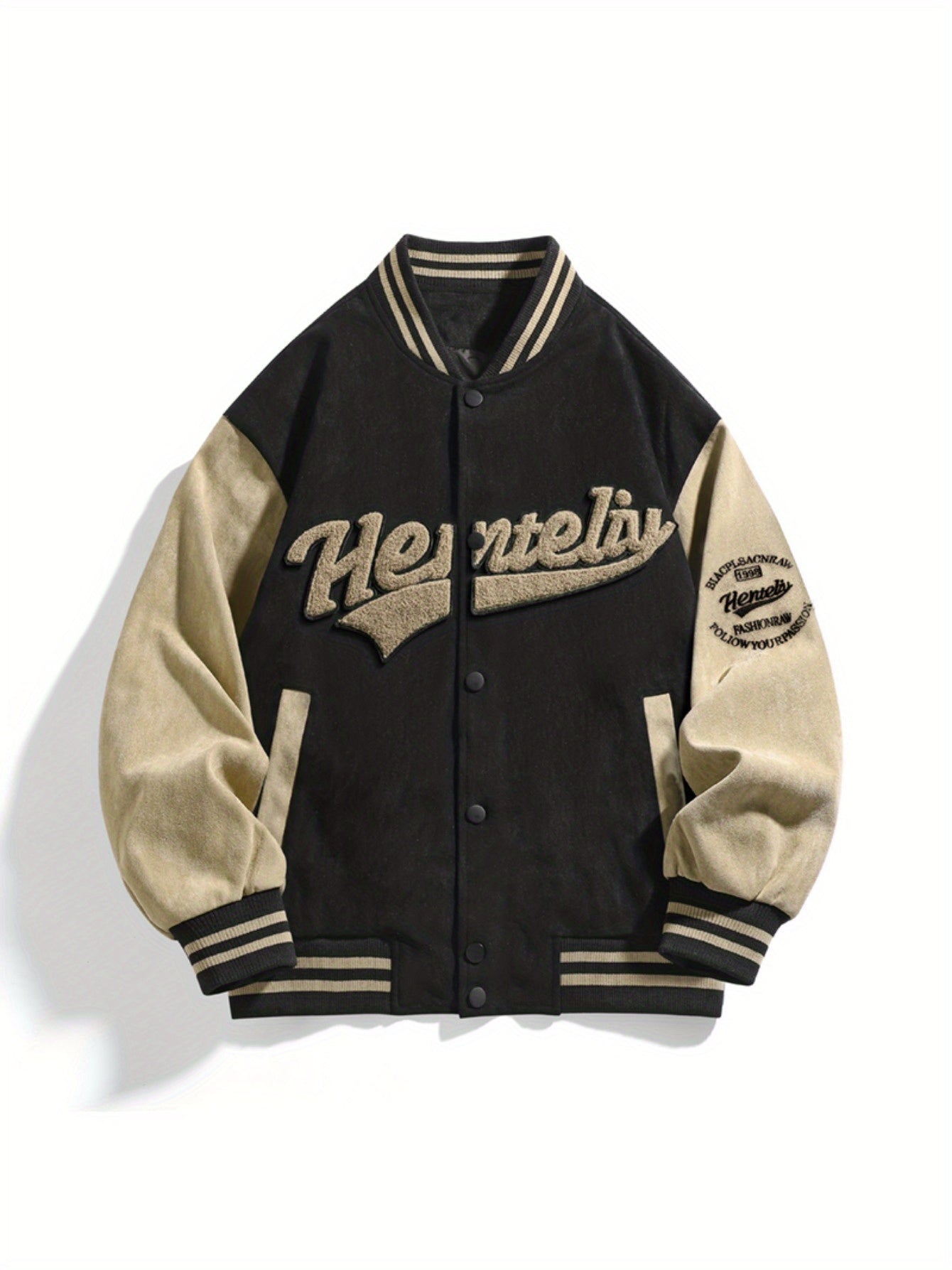 Men'S Green & Beige Letter Embroidered Baseball Jacket - Casual Spring\u002FFall Bomber with Stand Collar, Snap Closure, and Pockets, Spring Outerwear | Sporty Bomber Jacket | Polyester Lining