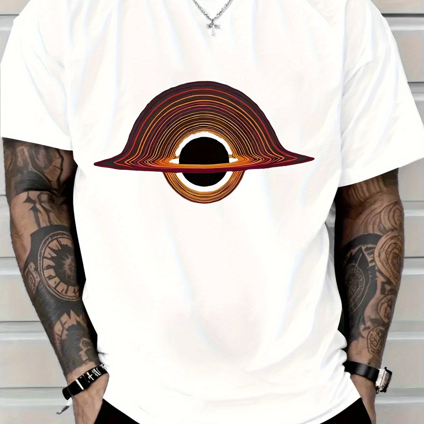 2025 Men'S New Casual Pure Cotton T-shirt, Black Hole for galaxy Design with Colorful Rings, Trendy Graphic Tee for Daily Wear, Men'S summer outdoor clothing.