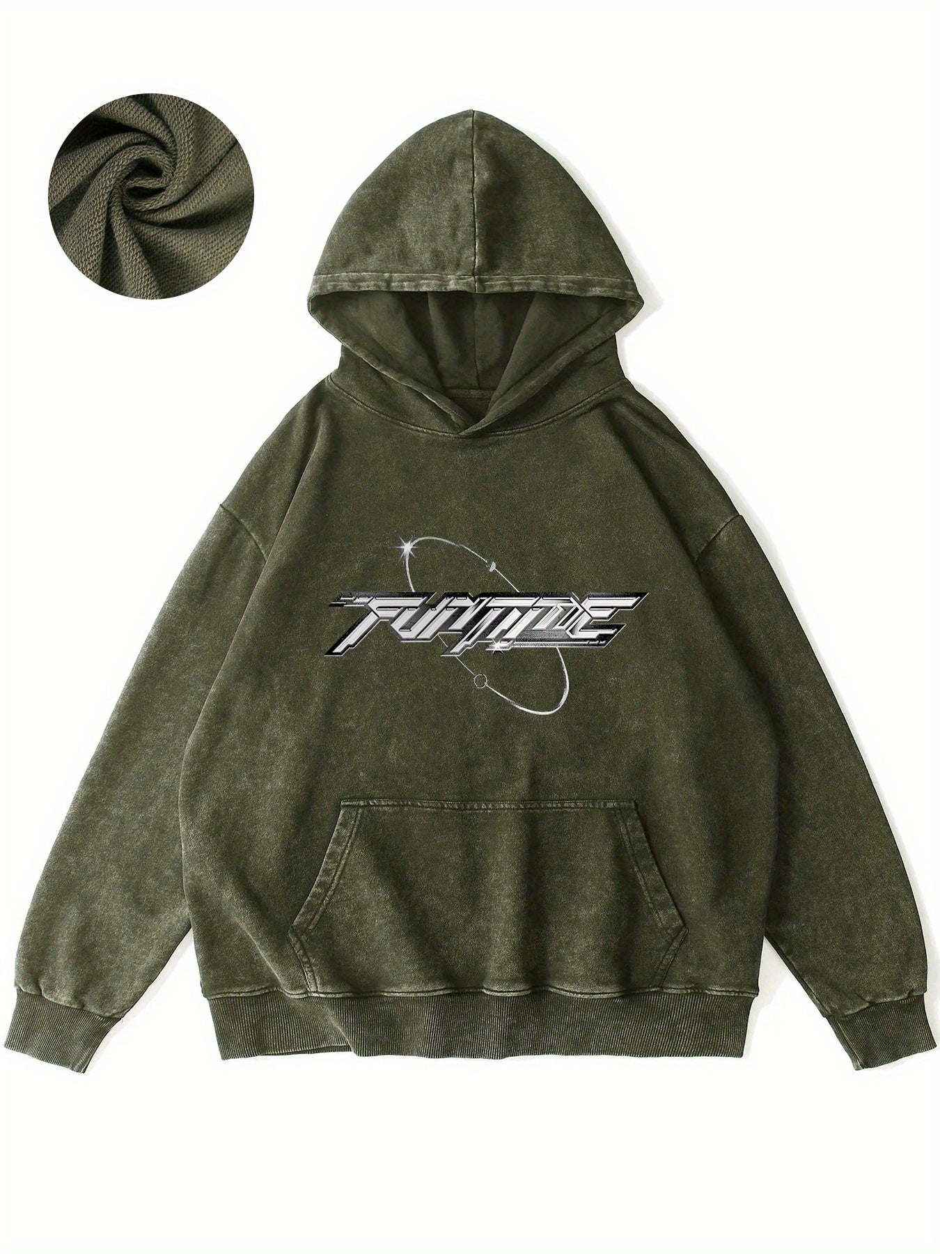 Futuristic Text Design With Space Elements And Stars Vintage Graphic Hoodie - Retro Western Style Sweatshirt with Unique Distressed Design for Casual Comfort and Timeless Fashion Appeal