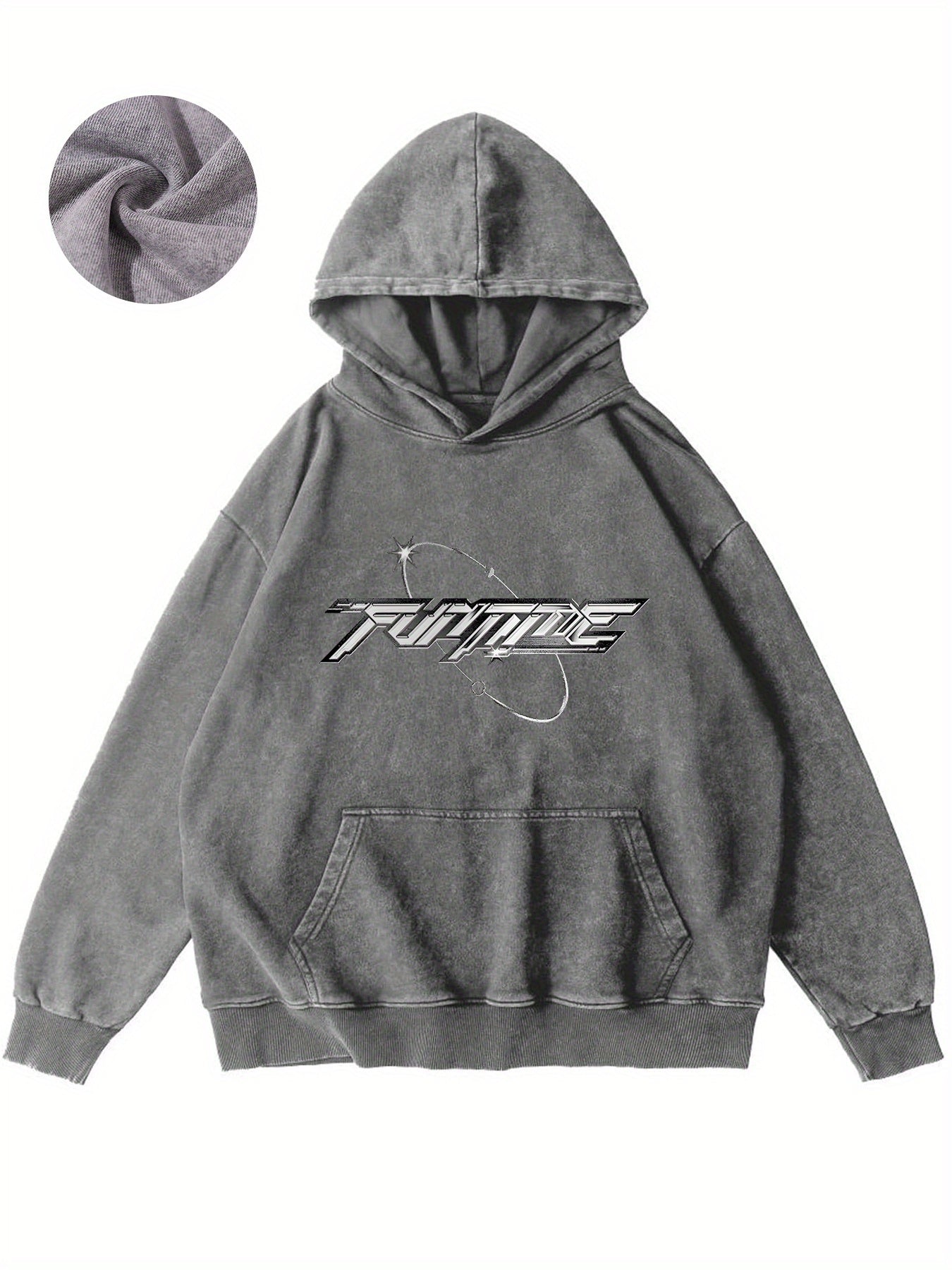 Futuristic Text Design With Space Elements And Stars Vintage Graphic Hoodie - Retro Western Style Sweatshirt with Unique Distressed Design for Casual Comfort and Timeless Fashion Appeal