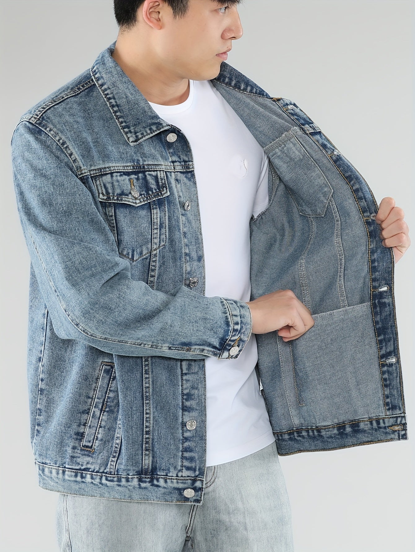 1pc Men'S Denim Jacket - Minimalist Solid Color, Casual Long Sleeve, Regular Fit, Single Breasted with Pockets, Woven Fabric, Cotton 85%, Polyester 15% - High-End Trendy Light Blue Top for Spring\u002FFall