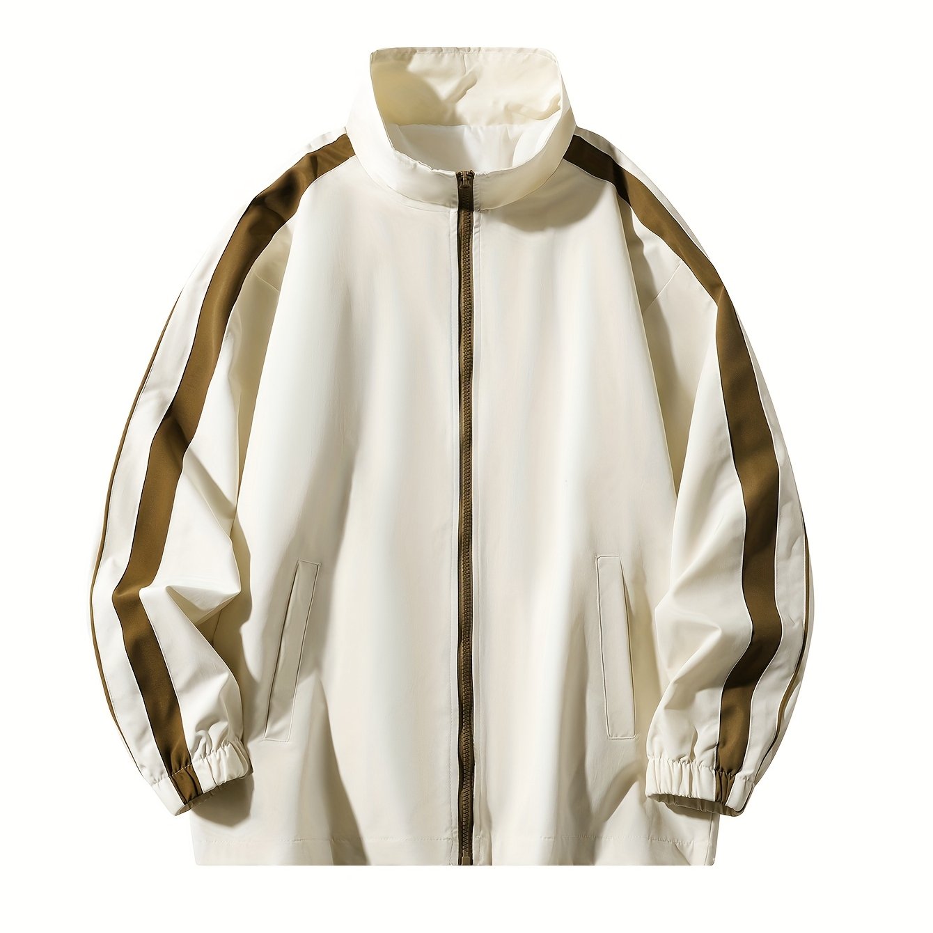 Men'S Casual Striped Varsity Jacket - Loose Fit, Zip-Up, Long Sleeve with Pockets, Black & White Stripes, Polyester Fabric, Perfect for Spring & Fall