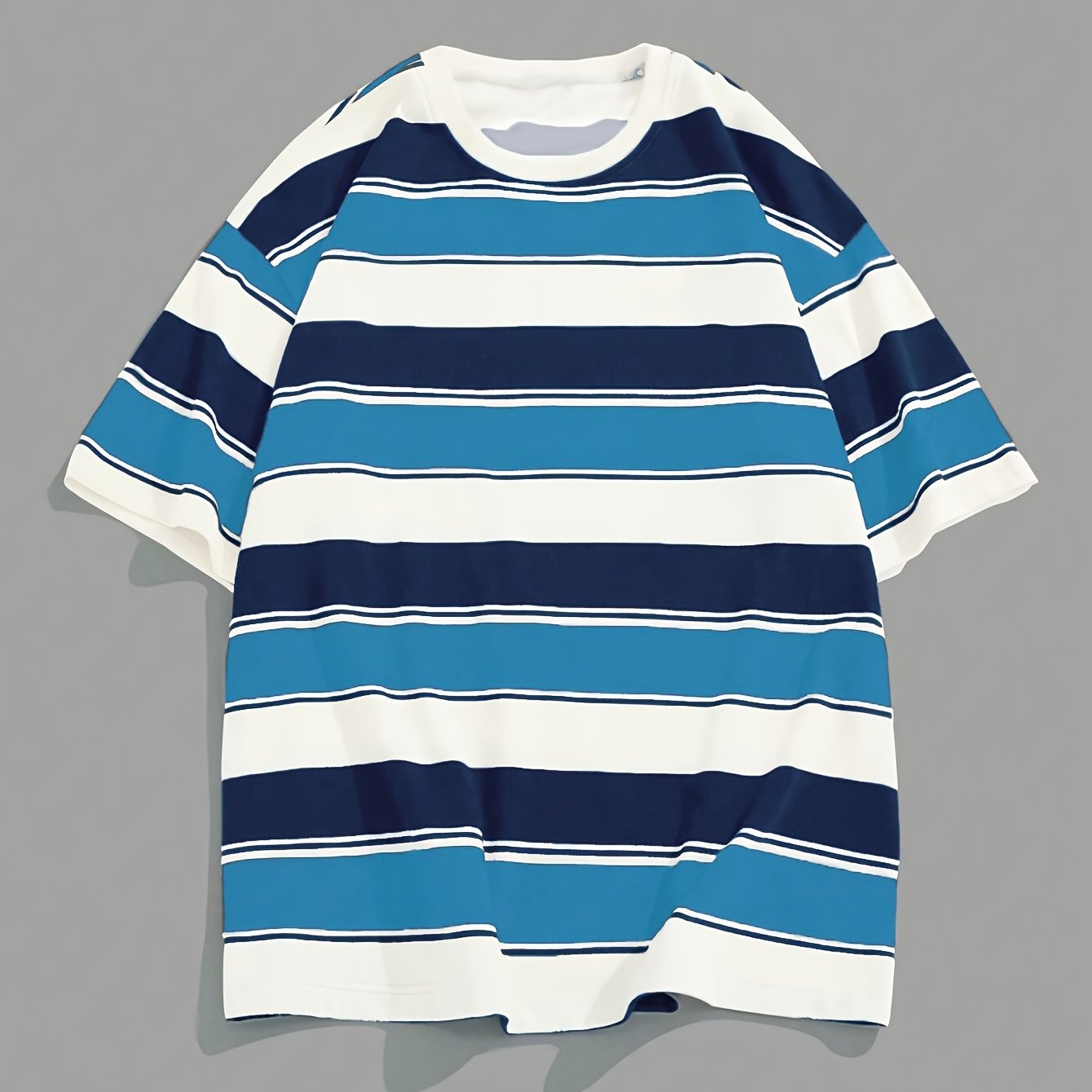 Overseasprint Men's Navy & White Horizontal Stripe T-Shirt - JT6365 Regular Fit Crew Neck Tee for Everyday & Formal Wear - Machine Washable Casual Shirt, Versatile Clothing, Offshoulder Style, Digital Print Fabric