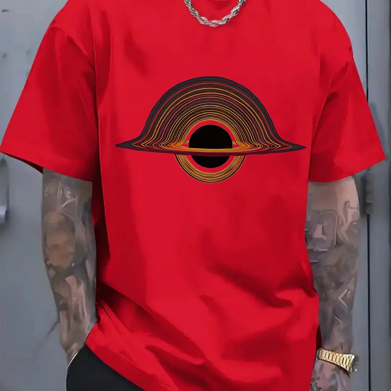 2025 Men'S New Casual Pure Cotton T-shirt, Black Hole for galaxy Design with Colorful Rings, Trendy Graphic Tee for Daily Wear, Men'S summer outdoor clothing.