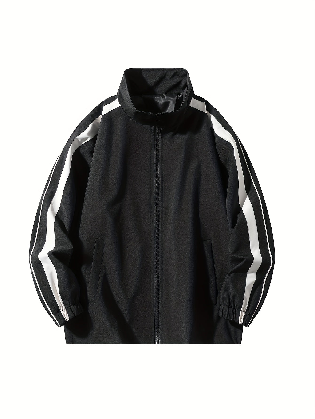 Men'S Casual Striped Varsity Jacket - Loose Fit, Zip-Up, Long Sleeve with Pockets, Black & White Stripes, Polyester Fabric, Perfect for Spring & Fall