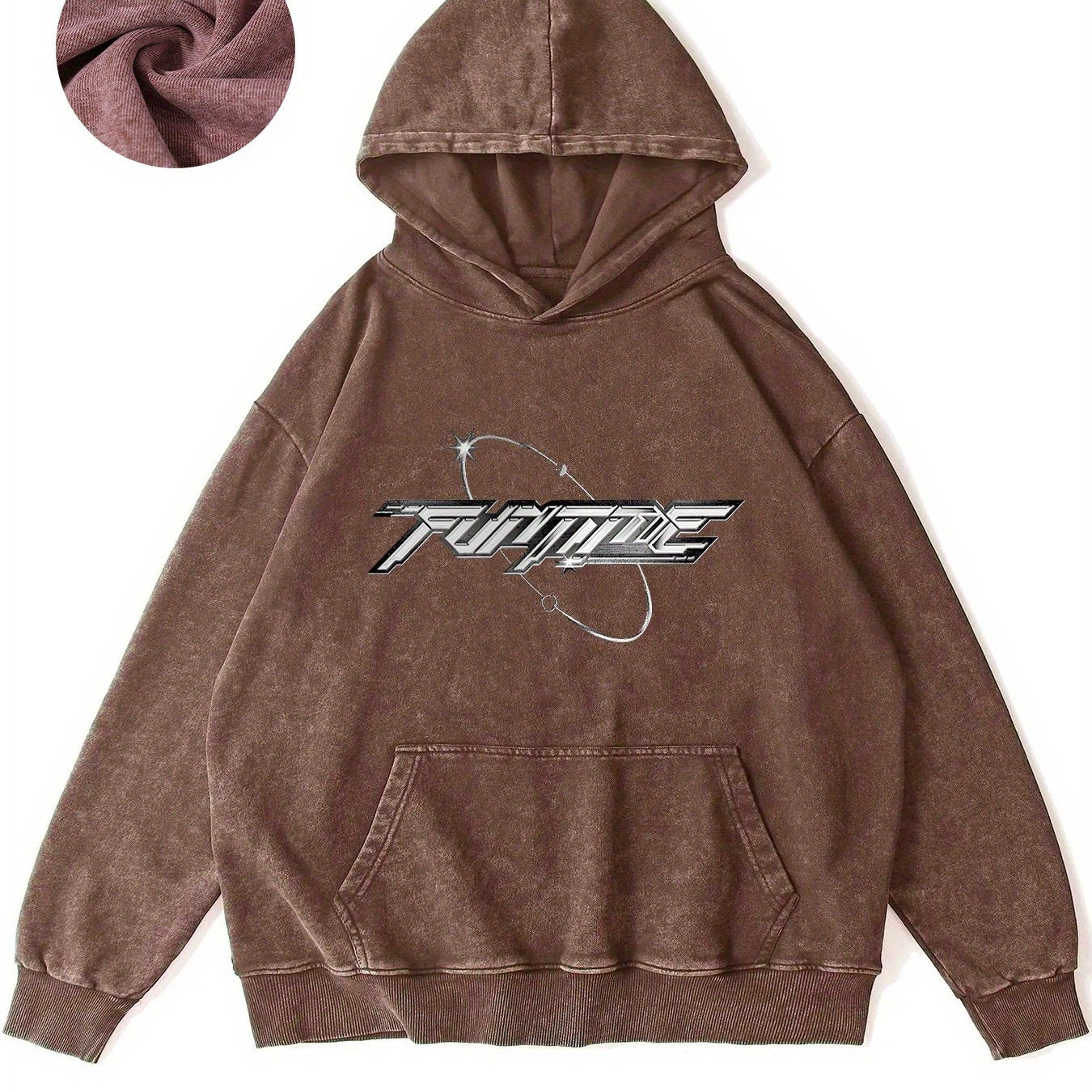 Futuristic Text Design With Space Elements And Stars Vintage Graphic Hoodie - Retro Western Style Sweatshirt with Unique Distressed Design for Casual Comfort and Timeless Fashion Appeal