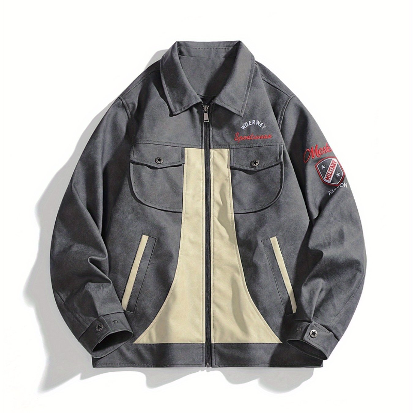 Men'S Heavy-Duty Color-Blocked Jacket - Autumn Winter Casual Zipper Coat with Pockets, Black & Beige Two-Tone Design, Regular Fit for Fall and Winter, Fall Winter Apparel, Sleek Modern Look, Notestitching