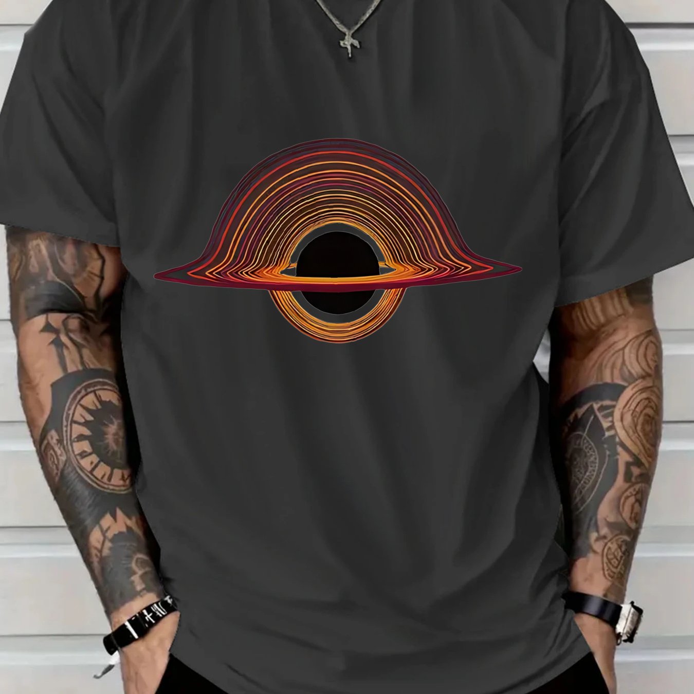 2025 Men'S New Casual Pure Cotton T-shirt, Black Hole for galaxy Design with Colorful Rings, Trendy Graphic Tee for Daily Wear, Men'S summer outdoor clothing.