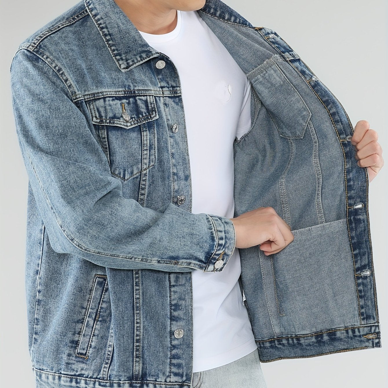1pc Men'S Denim Jacket - Minimalist Solid Color, Casual Long Sleeve, Regular Fit, Single Breasted with Pockets, Woven Fabric, Cotton 85%, Polyester 15% - High-End Trendy Light Blue Top for Spring\u002FFall