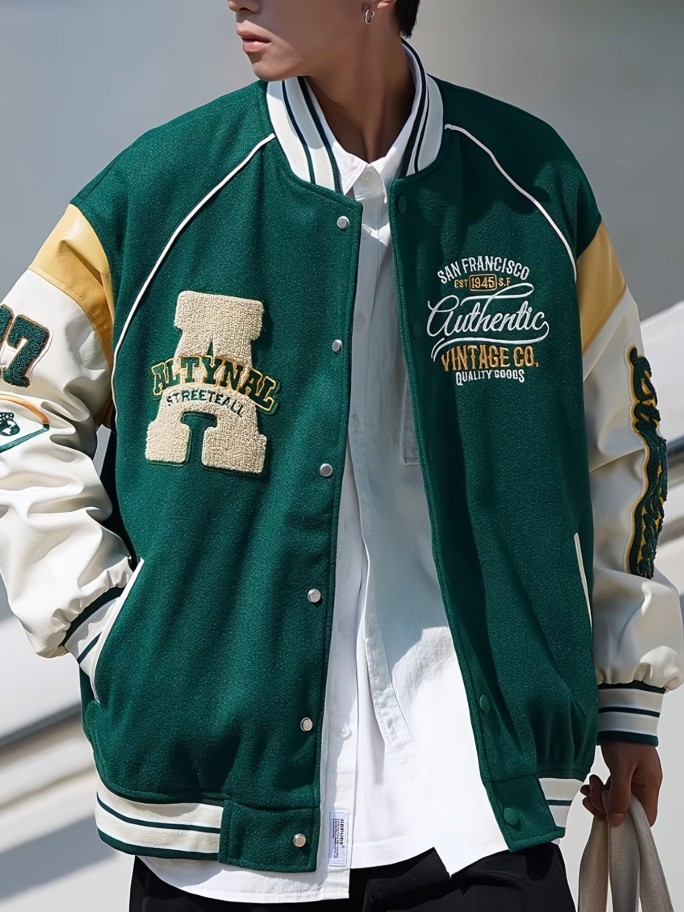 Men's Vintage-Inspired Baseball Jacket - Casual & Trendy, Polyester, Button-Up with Pockets for Spring\u002FFall