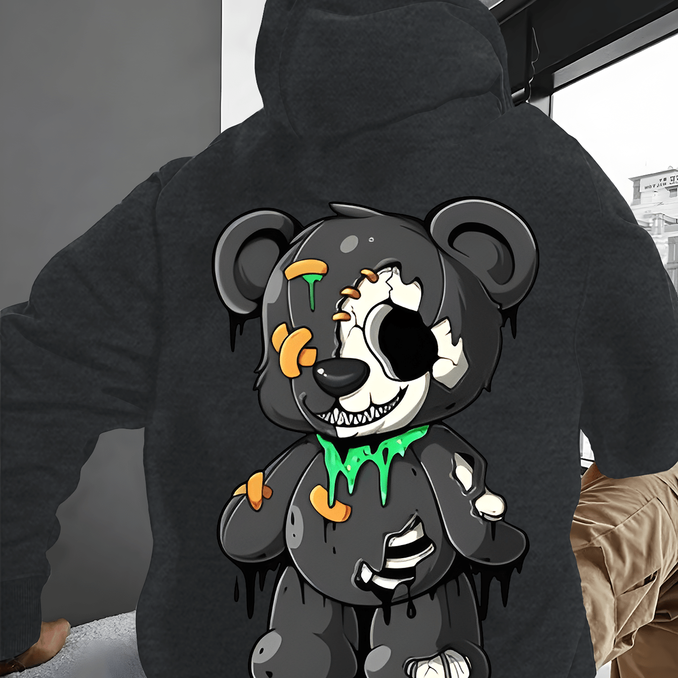 Men's Casual Cotton Blend Hoodie with Cartoon Teddy Bear Print, Knit Fabric, Regular Fit, Fall\u002FWinter Collection, Soft and Comfortable with Pocket Detail, Oversized Hoodie