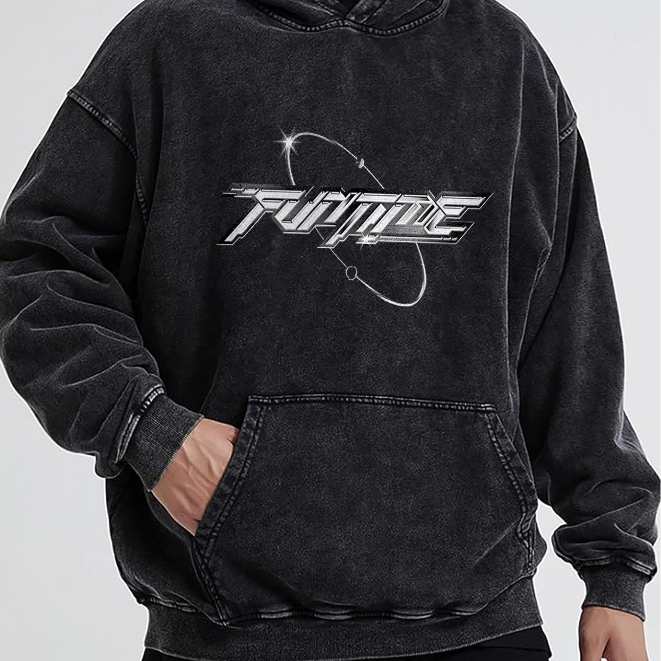 Futuristic Text Design With Space Elements And Stars Vintage Graphic Hoodie - Retro Western Style Sweatshirt with Unique Distressed Design for Casual Comfort and Timeless Fashion Appeal