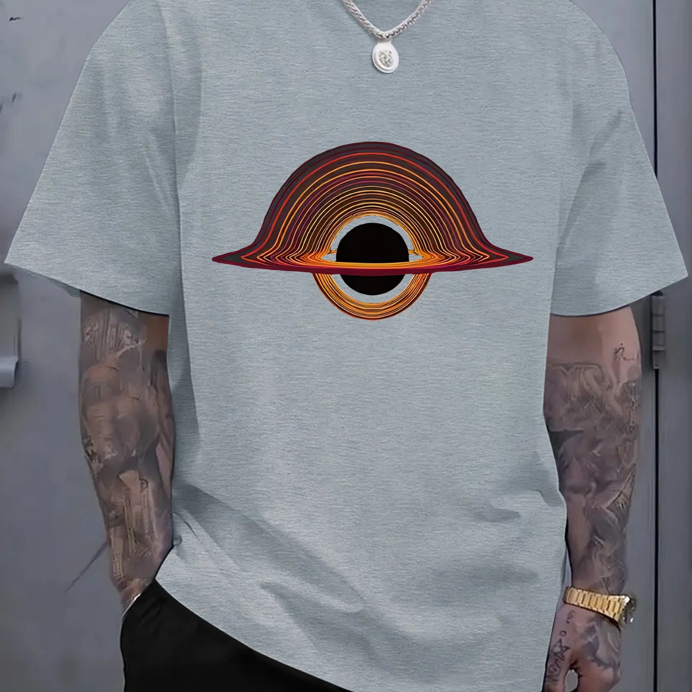 2025 Men'S New Casual Pure Cotton T-shirt, Black Hole for galaxy Design with Colorful Rings, Trendy Graphic Tee for Daily Wear, Men'S summer outdoor clothing.