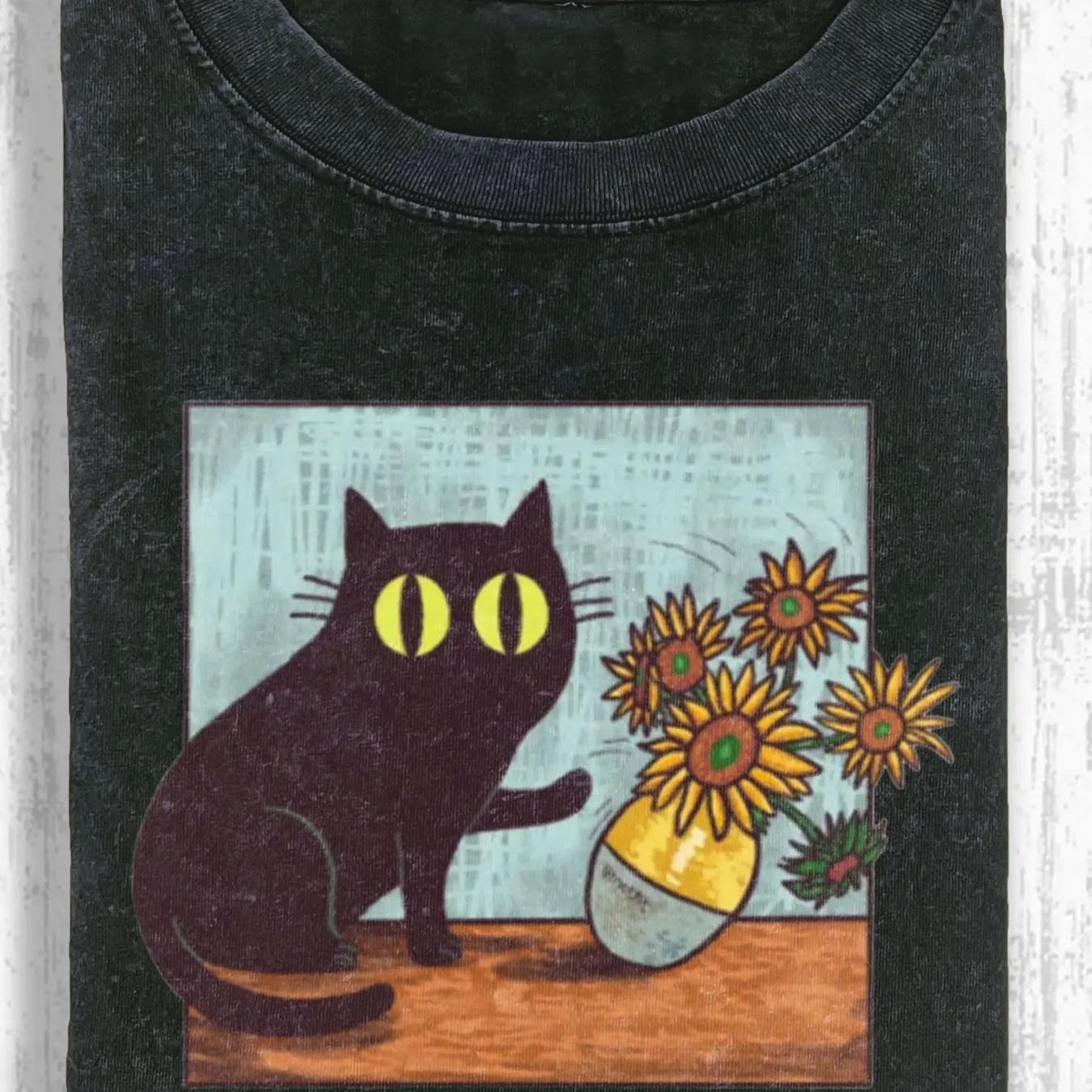 1pc, 230G Washed, Playful Cat Print T-Shirt, High-Quality Wax Printed Cotton Retro Fashion Brand T-Shirt, a Certain Thickness Holiday Gift, Easter Limited Edition, Suitable for Spring And Easter Gifts