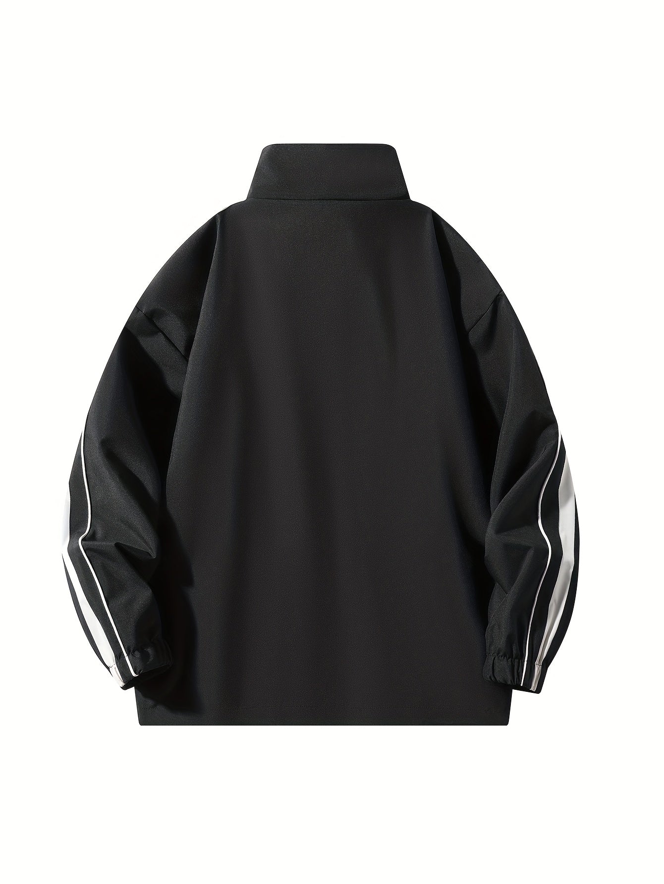 Men'S Casual Striped Varsity Jacket - Loose Fit, Zip-Up, Long Sleeve with Pockets, Black & White Stripes, Polyester Fabric, Perfect for Spring & Fall