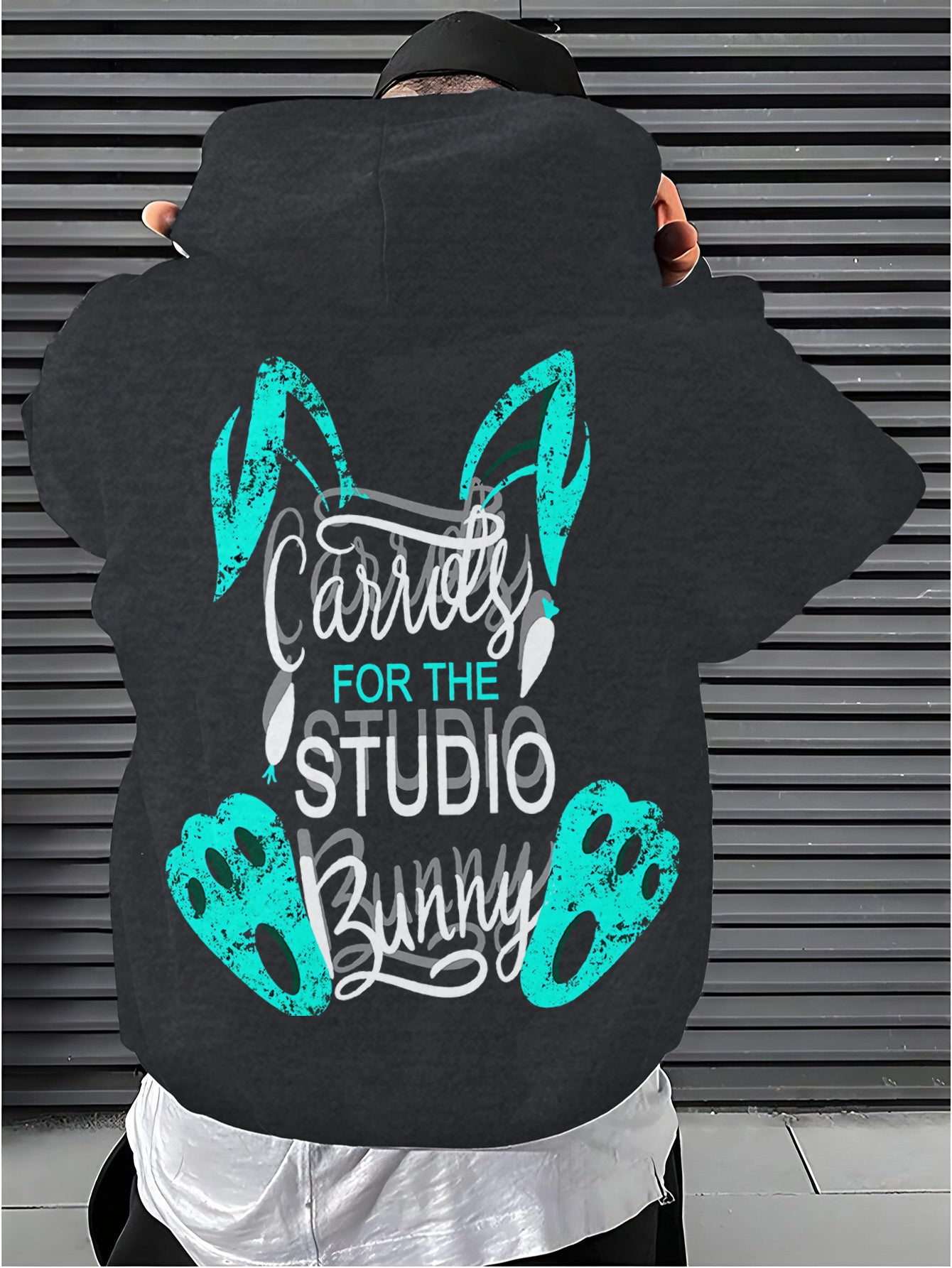 Men's Casual Cotton Blend Hoodie with Rabbit Print, Long Sleeve Drawstring Sweatshirt with Kangaroo Pocket, Animal Pattern Knit Fabric, Regular Fit for Fall\u002FWinter - 50% Cotton 50% Polyester