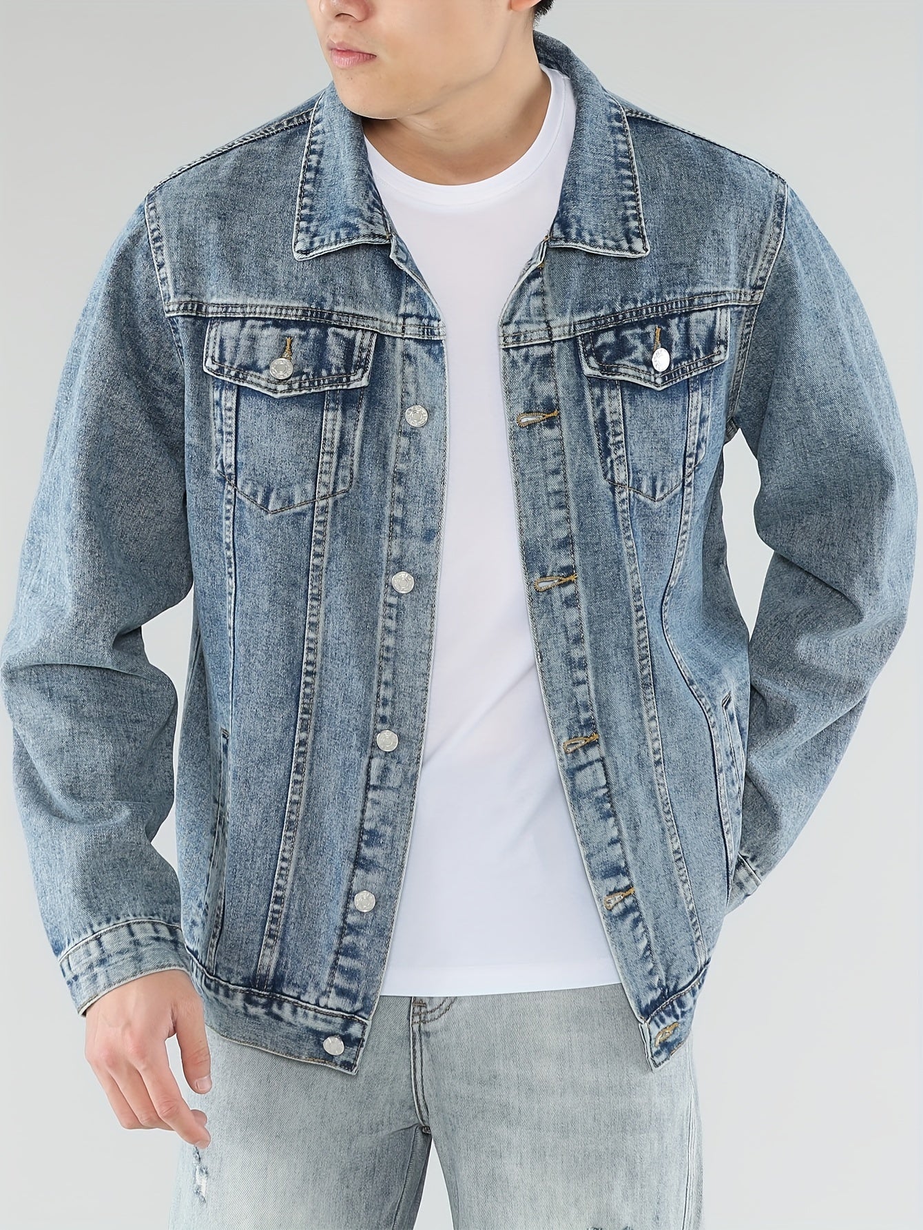 1pc Men'S Denim Jacket - Minimalist Solid Color, Casual Long Sleeve, Regular Fit, Single Breasted with Pockets, Woven Fabric, Cotton 85%, Polyester 15% - High-End Trendy Light Blue Top for Spring\u002FFall