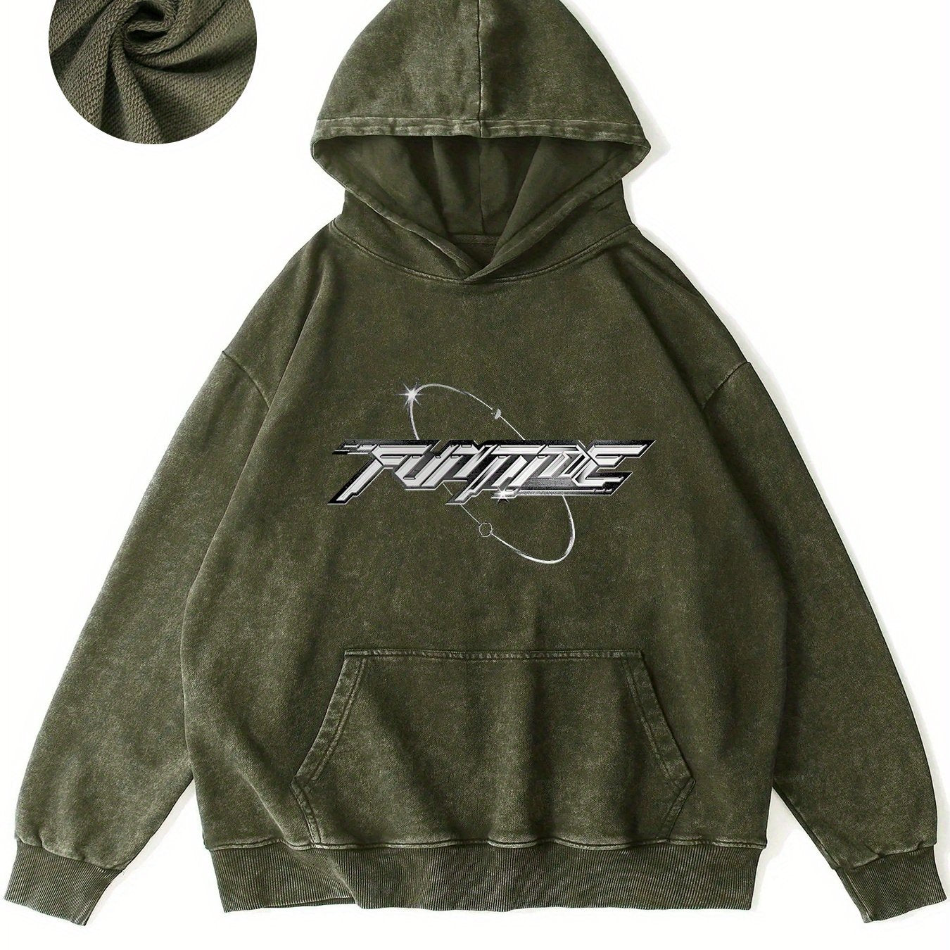 Futuristic Text Design With Space Elements And Stars Vintage Graphic Hoodie - Retro Western Style Sweatshirt with Unique Distressed Design for Casual Comfort and Timeless Fashion Appeal