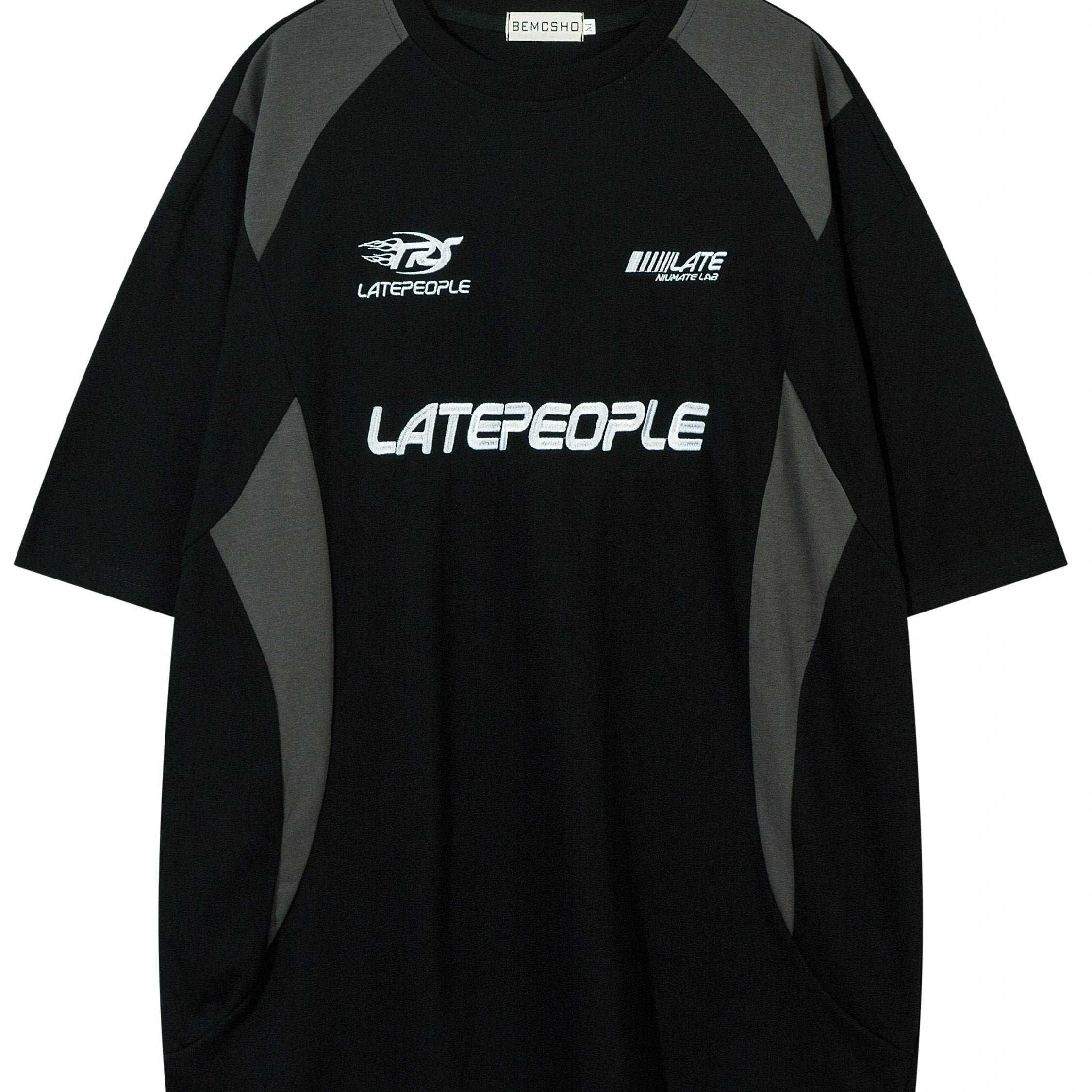 BEMCSHO Men's Vintage Cotton T-Shirt - Crew Neck, Loose Fit, Geometric Pattern, Embroidered Letters, Casual Weekend Top with Slight Stretch and Knit Fabric - Summer Collection