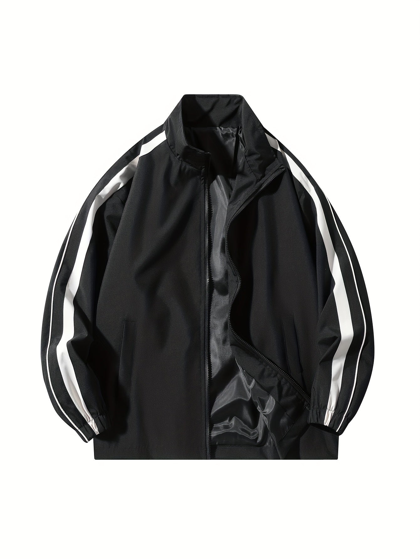 Men'S Casual Striped Varsity Jacket - Loose Fit, Zip-Up, Long Sleeve with Pockets, Black & White Stripes, Polyester Fabric, Perfect for Spring & Fall
