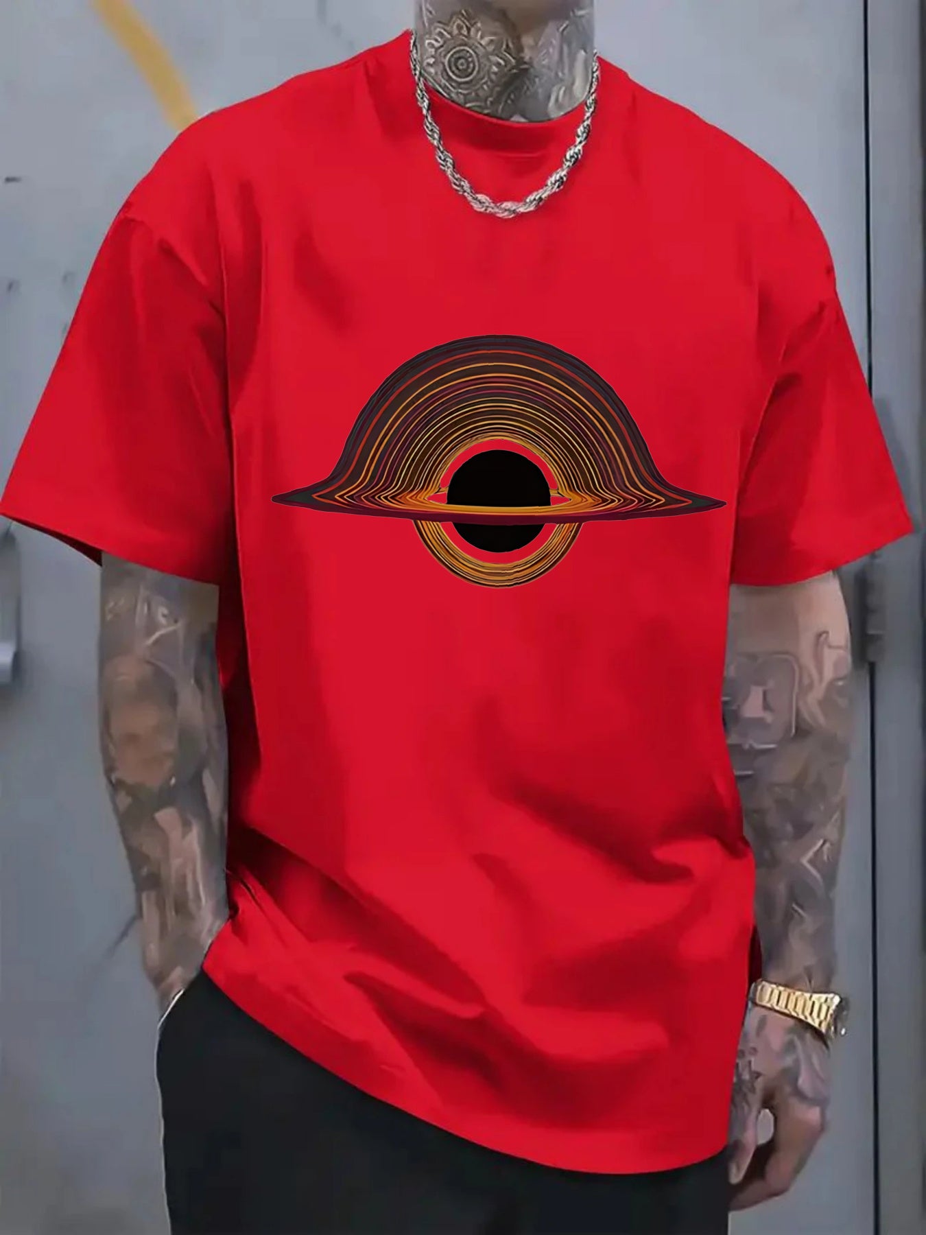 2025 Men'S New Casual Pure Cotton T-shirt, Black Hole for galaxy Design with Colorful Rings, Trendy Graphic Tee for Daily Wear, Men'S summer outdoor clothing.