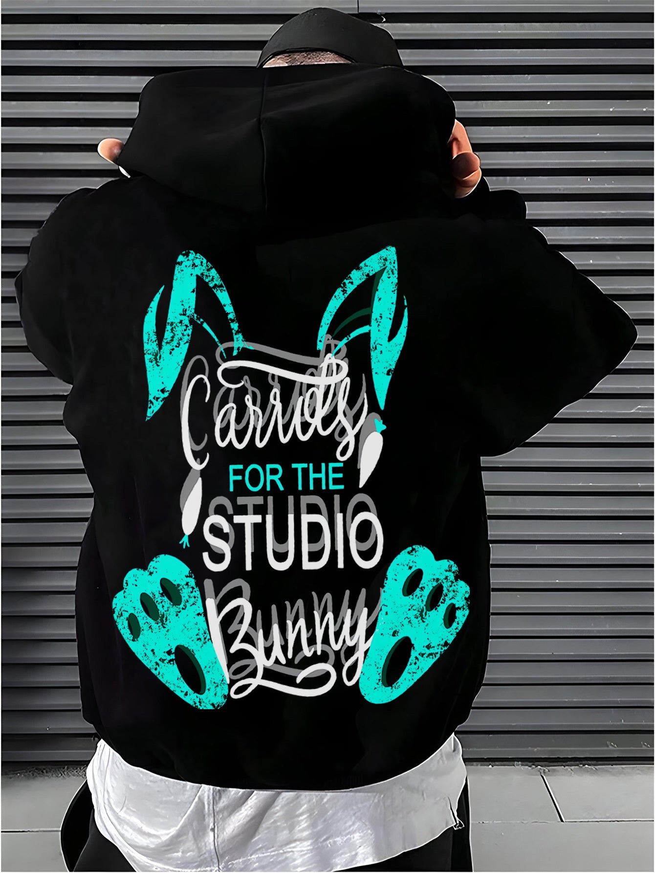 Men's Casual Cotton Blend Hoodie with Rabbit Print, Long Sleeve Drawstring Sweatshirt with Kangaroo Pocket, Animal Pattern Knit Fabric, Regular Fit for Fall\u002FWinter - 50% Cotton 50% Polyester