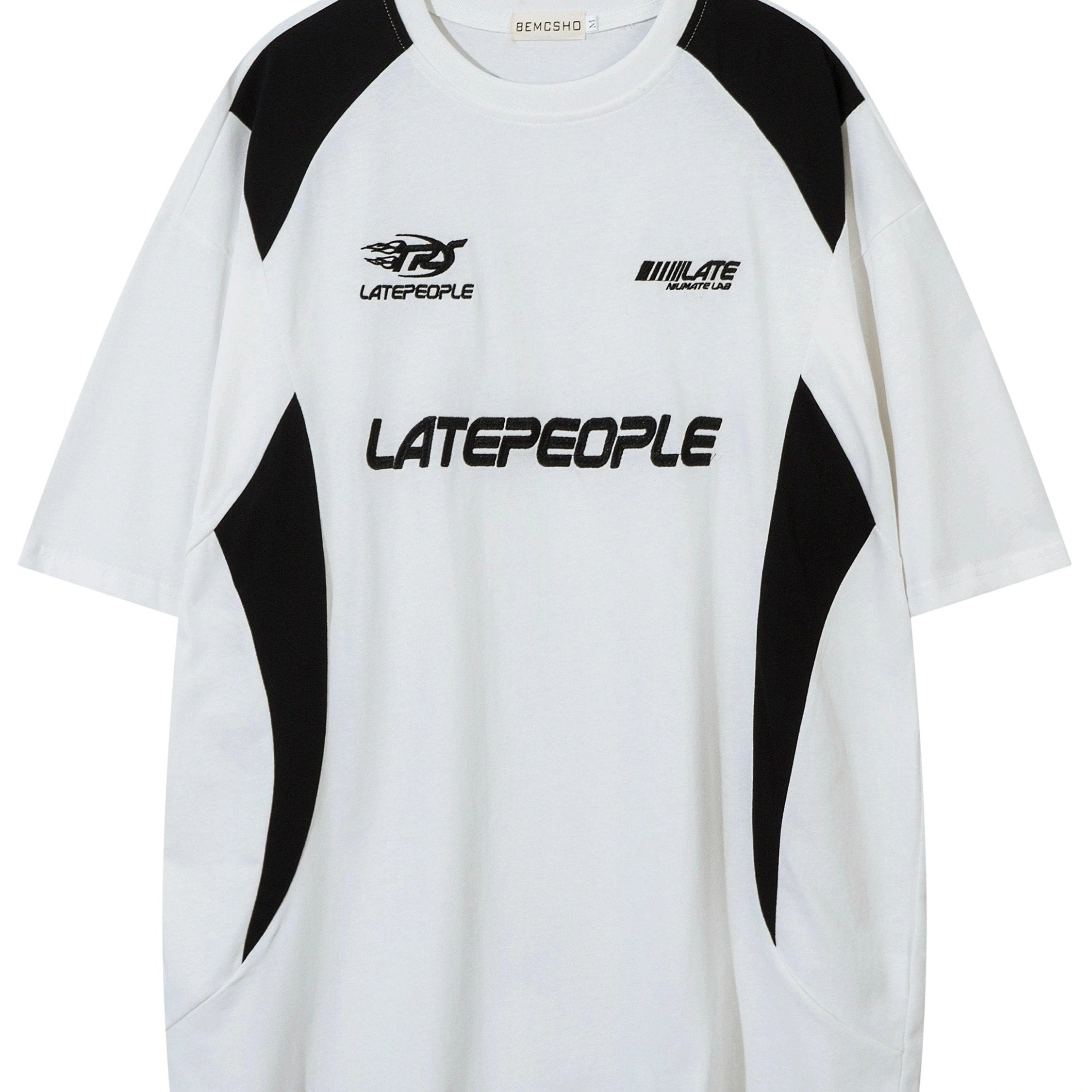 BEMCSHO Men's Vintage Cotton T-Shirt - Crew Neck, Loose Fit, Geometric Pattern, Embroidered Letters, Casual Weekend Top with Slight Stretch and Knit Fabric - Summer Collection