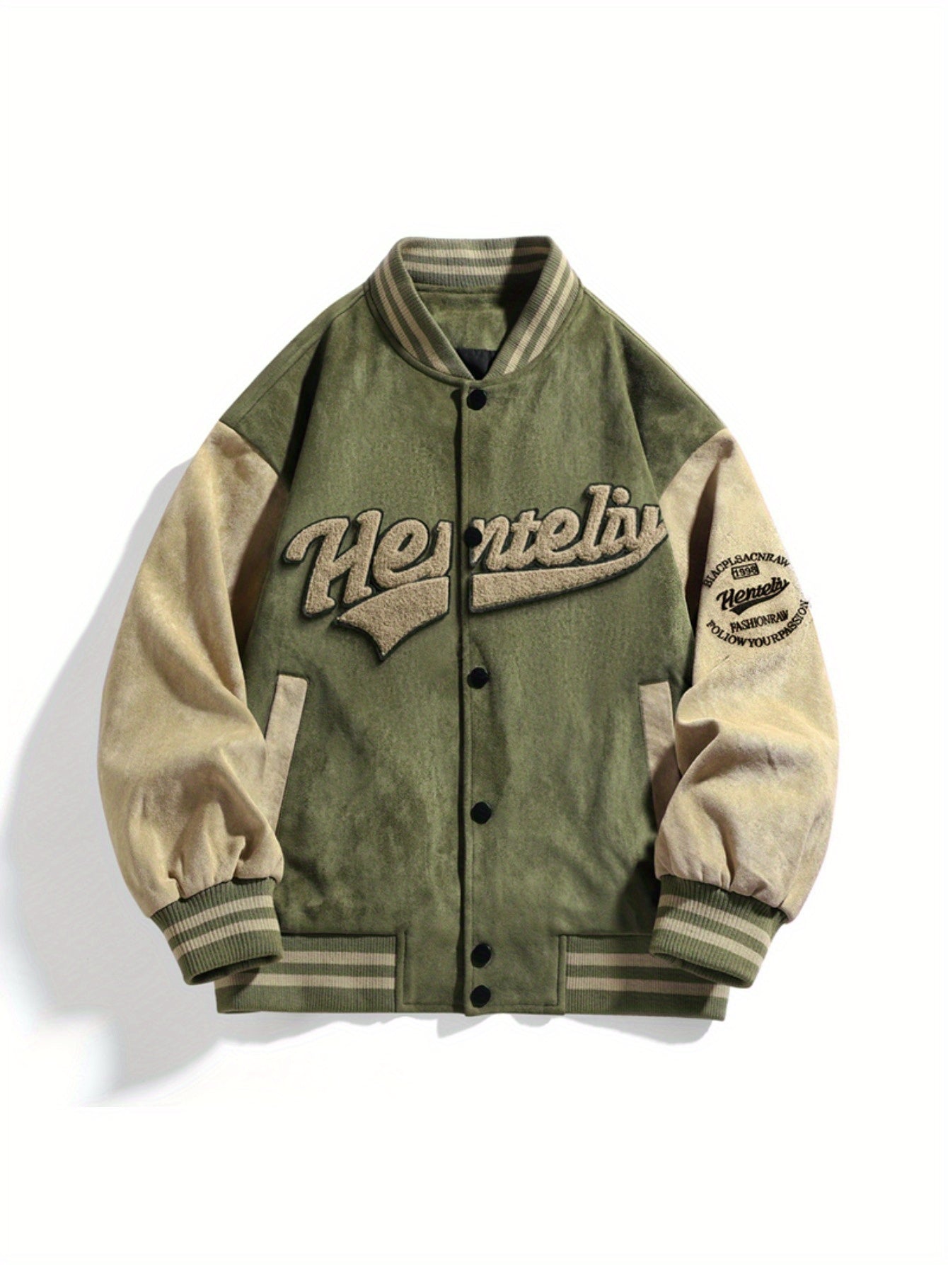 Men'S Green & Beige Letter Embroidered Baseball Jacket - Casual Spring\u002FFall Bomber with Stand Collar, Snap Closure, and Pockets, Spring Outerwear | Sporty Bomber Jacket | Polyester Lining