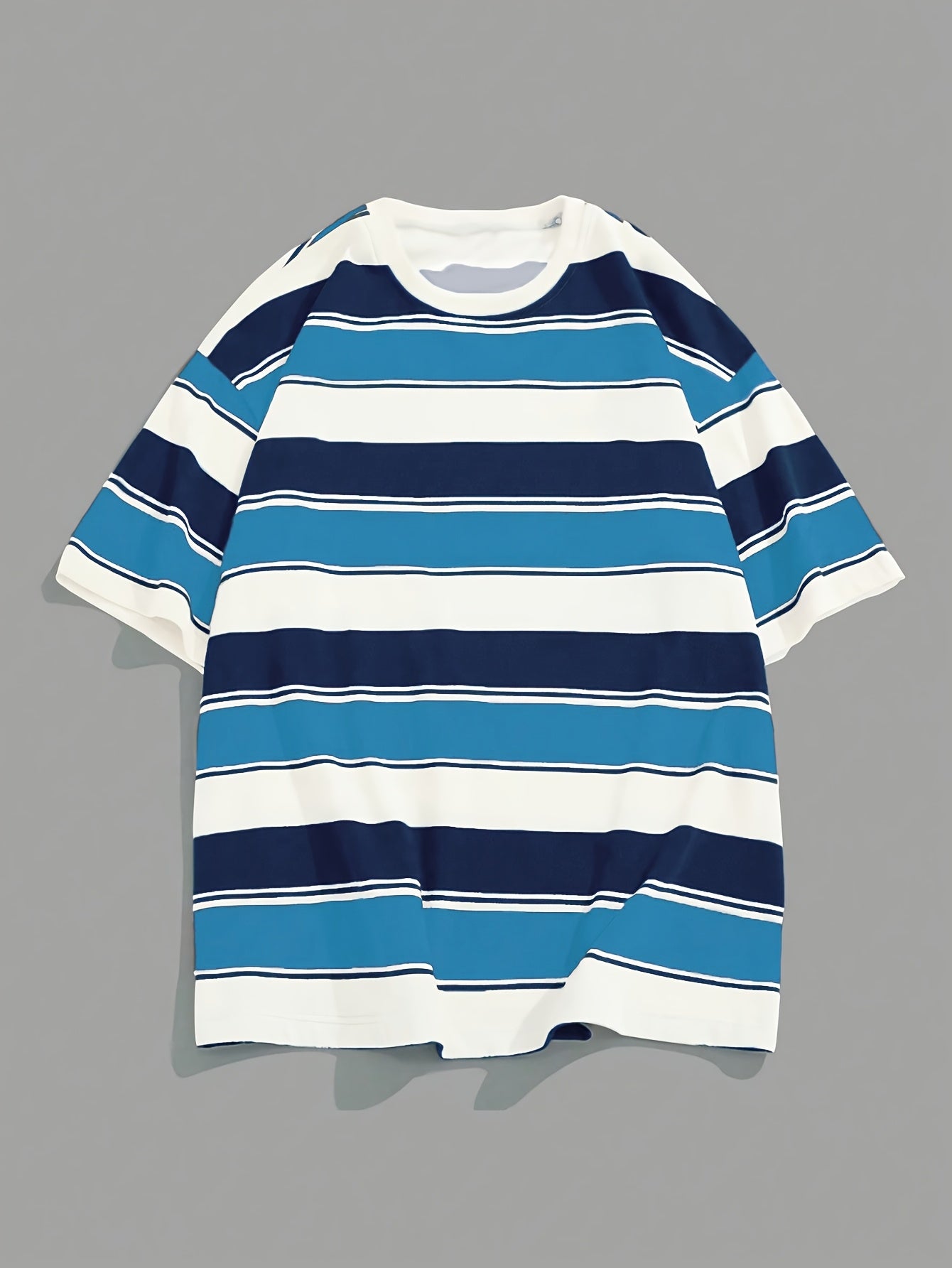 Overseasprint Men's Navy & White Horizontal Stripe T-Shirt - JT6365 Regular Fit Crew Neck Tee for Everyday & Formal Wear - Machine Washable Casual Shirt, Versatile Clothing, Offshoulder Style, Digital Print Fabric